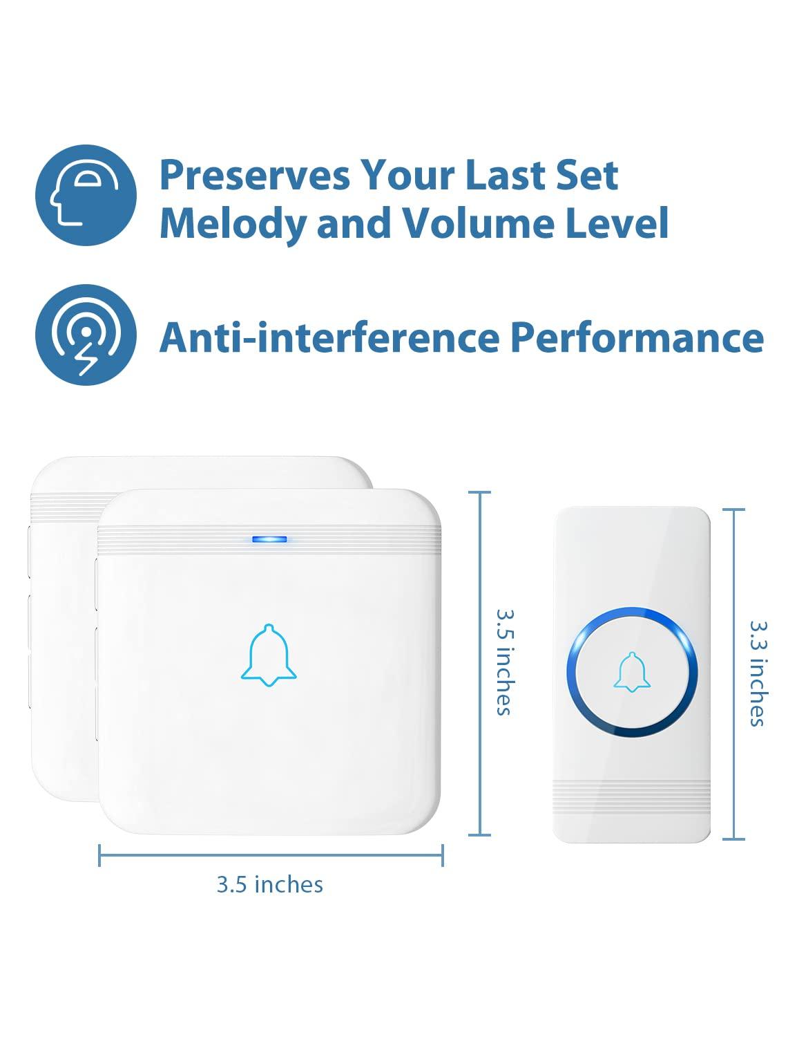 AVANTEK AVANTEK Wireless Doorbell, D-3W Waterproof Door Chime Kit Operating at over 1300 Feet with 2 Plug-In Receivers, 52 Melodies, CD Quality Sound and LED Flash