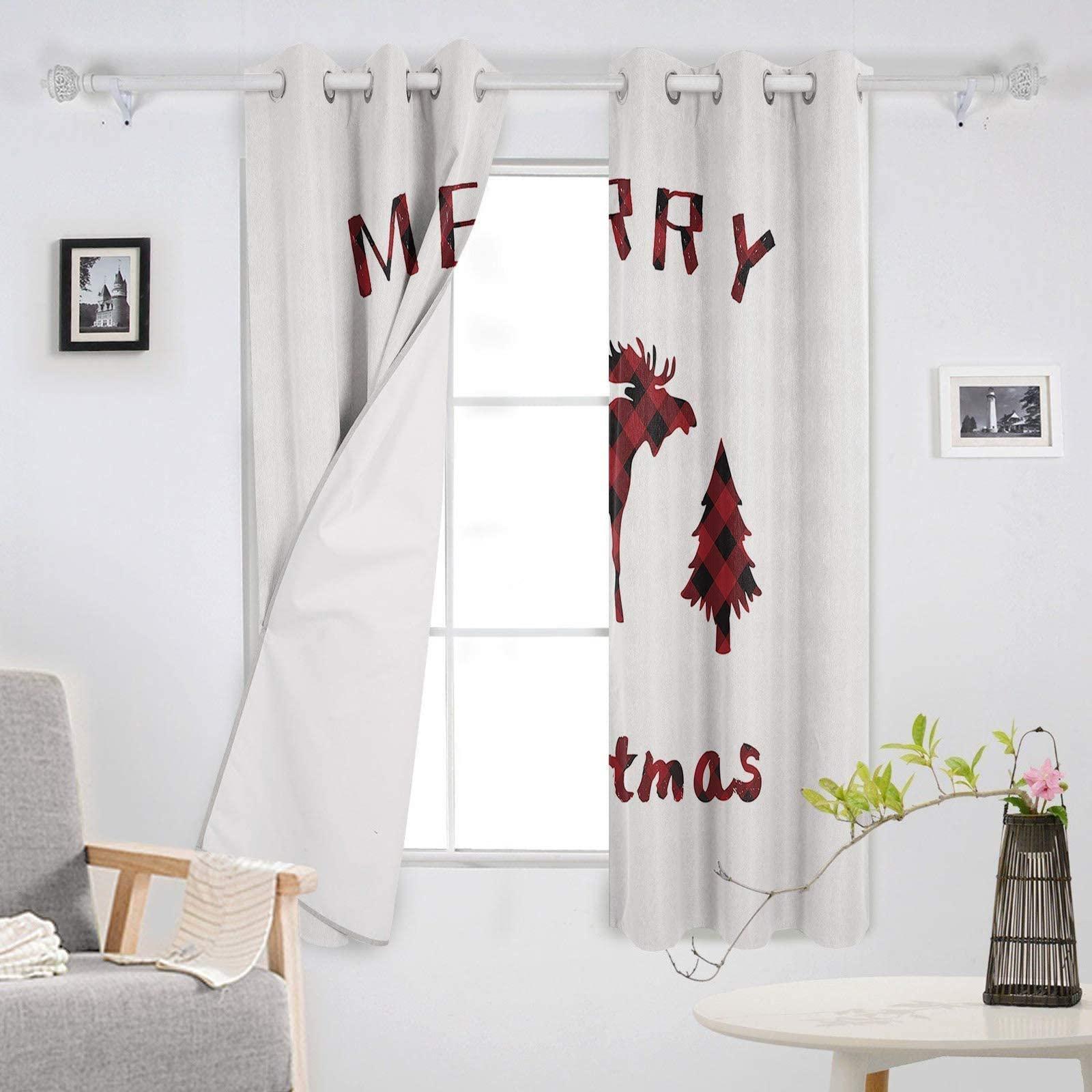 BHJKL Buffalo Plaid Elk Blackout Curtains, Rustic Red Black Window Treatment Set, 2 Panels 3D Printed Grommet Curtains for Room/Bedroom Heat Insulation Noise Reduction Drapes(63" Wx45 L)
