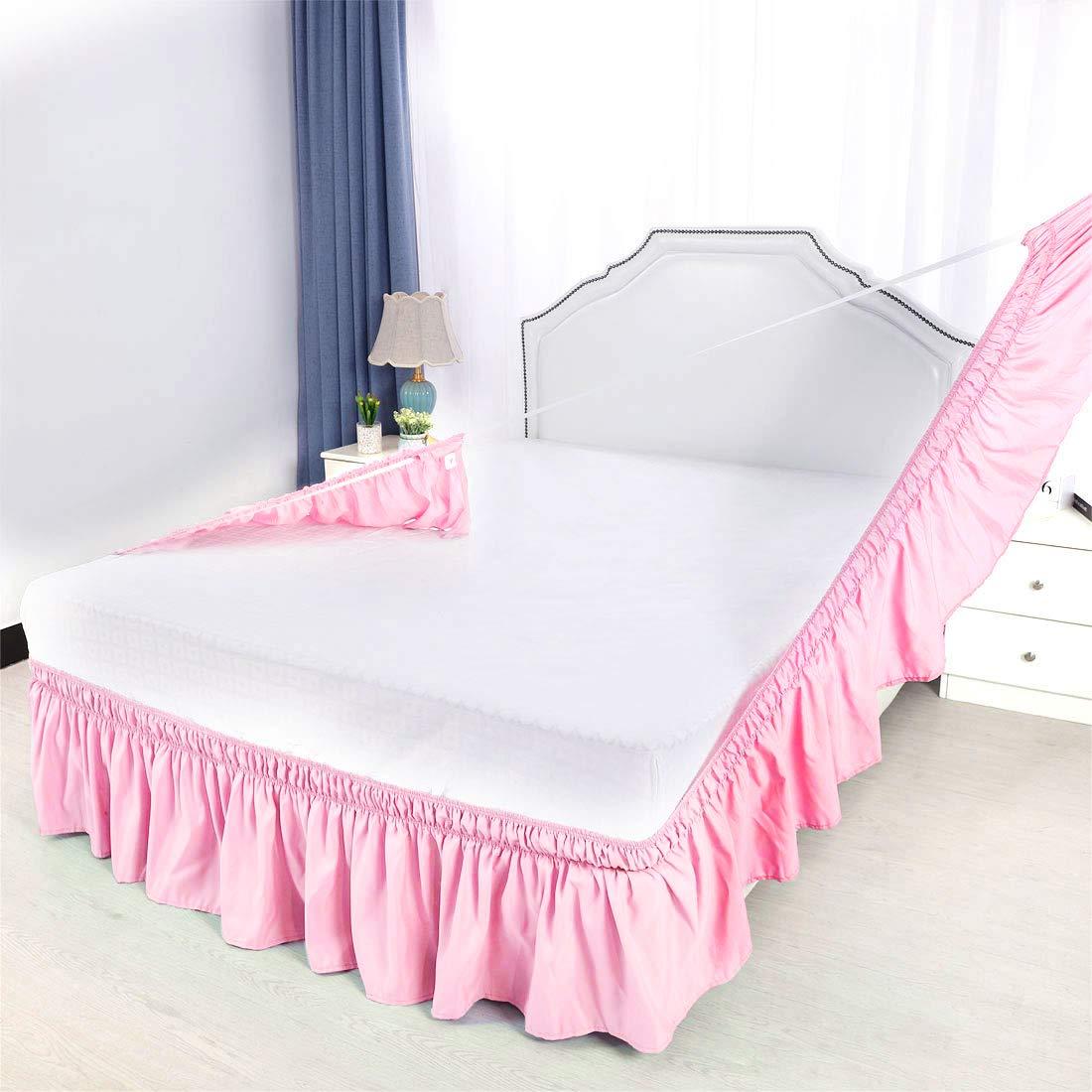 Versatile Bedding Bed Skirt - Wrap Around Bed Skirts Elastic Dust Ruffles, Easy Fit Wrinkle and Fade Resistant Luxurious Fabric Solid Color, Pink Queen XL Size Beds 15 Inch Drop