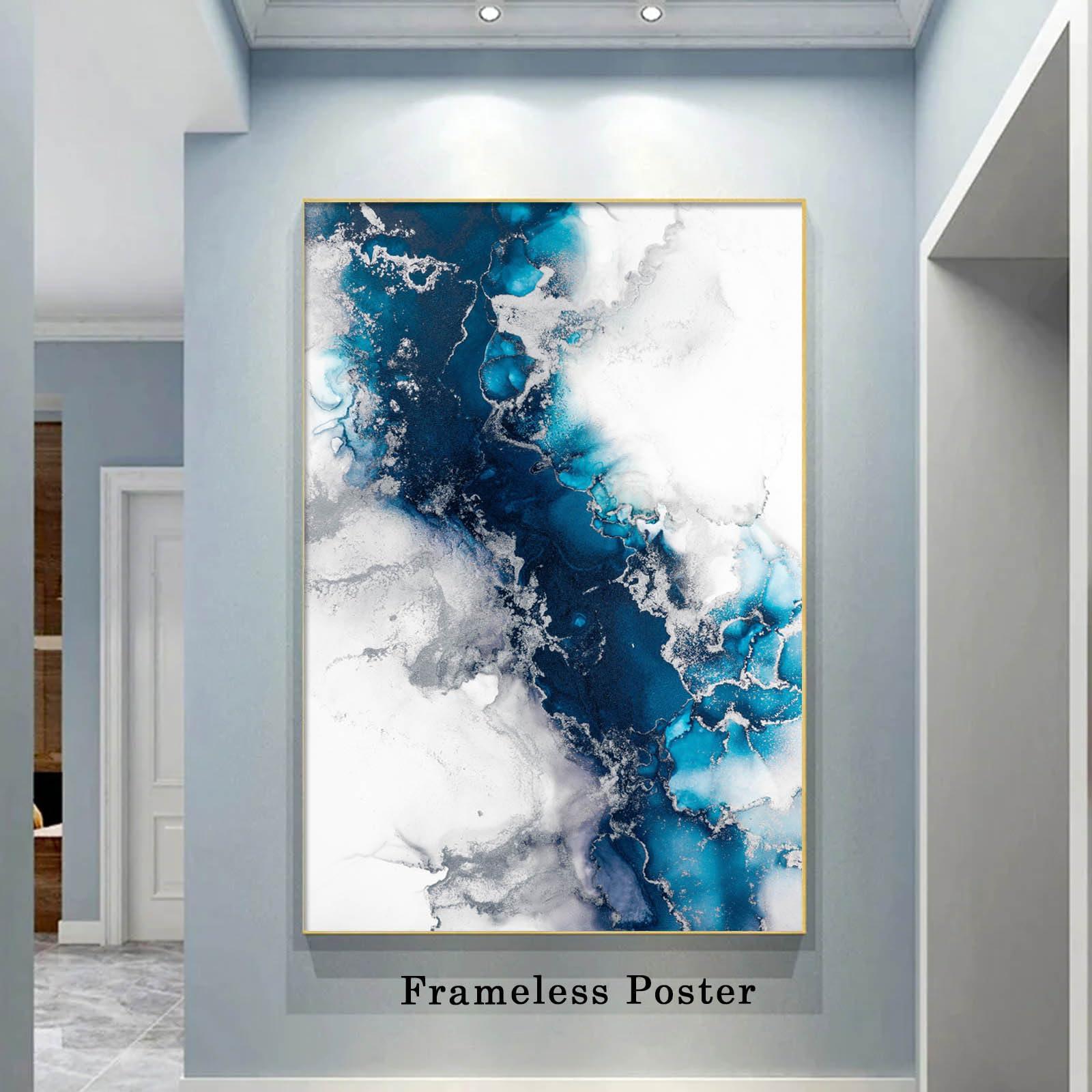 Dthllay Teal Blue Abstract Wall Art Blue Marble Canvas Art Blue Silver Abstract Picture Teal and Silver Wall Painting Abstract Teal Art Marble Navy Blue Grey and White Wall Art Bathroom 16x24inch No Frame