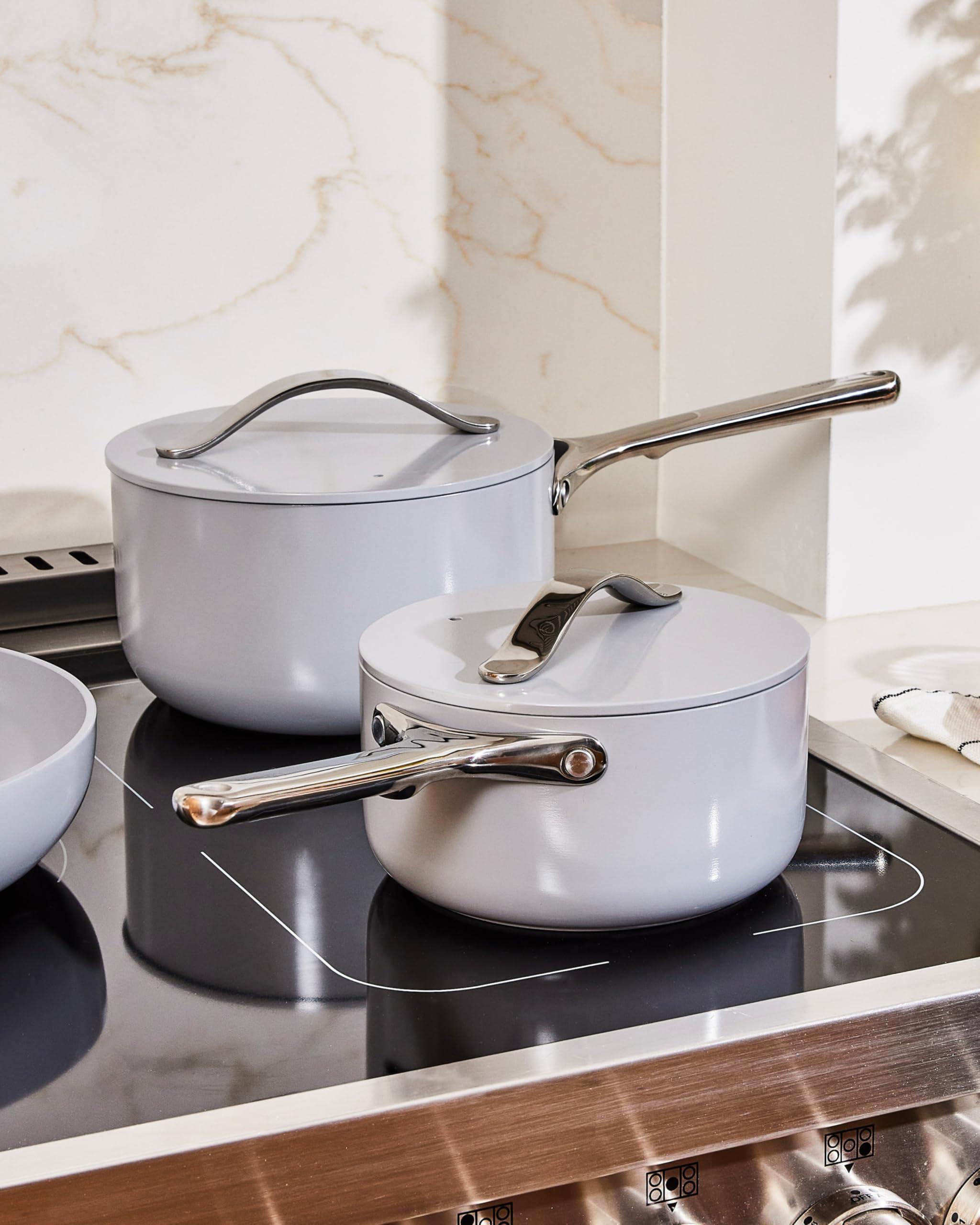 Caraway Caraway Nonstick Ceramic Sauce Pan with Lid (3 qt) - Non Toxic, PTFE & PFOA Free - Oven Safe & Compatible with All Stovetops (Gas, Electric & Induction) - Cream