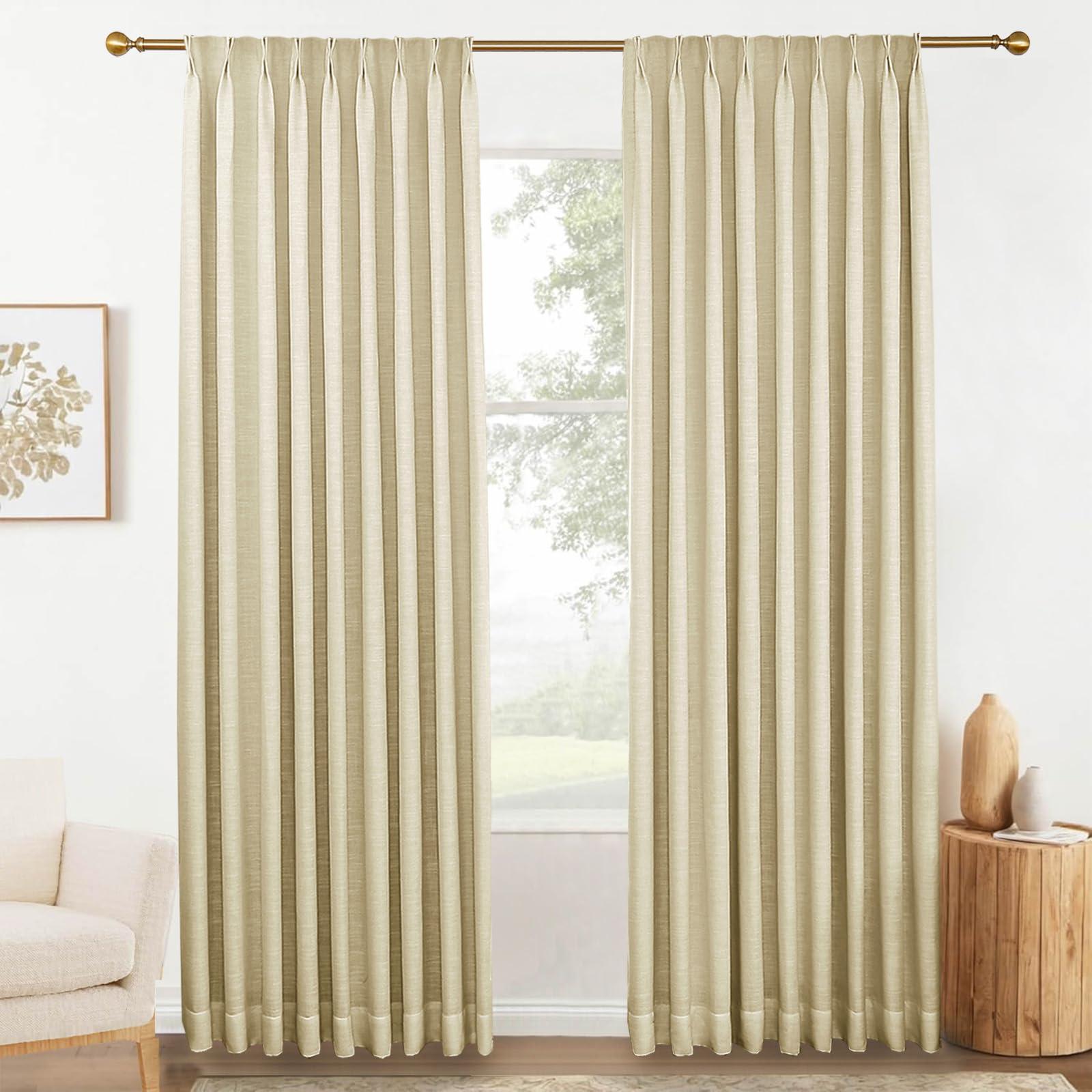 DotheDrape DotheDrape 105 inch Pinch Pleated Curtains Blackout Linen Textured Full Blackout Back Tab Pinch Pleat Drapes with Hooks for Bedroom, 60W x 105L, Beige, 1 Panel