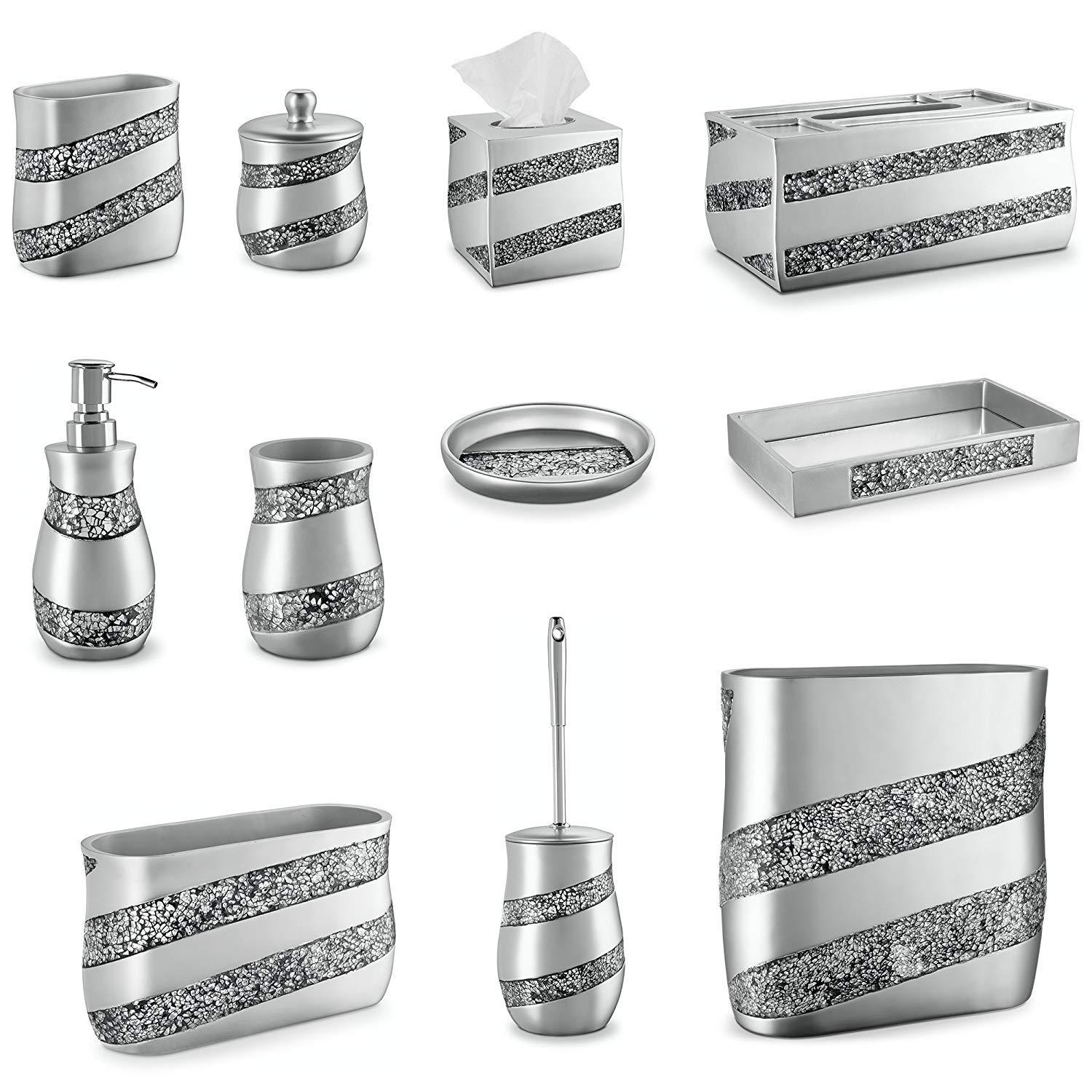 Creative Scents Creative Scents Silver Mosaic Bathroom Accessories Set Complete - 6 Piece Bathroom Set Includes: Bathroom Trash Can, Tissue Cover, Soap Dispenser, Toothbrush Holder, Tumbler & Soap Dish