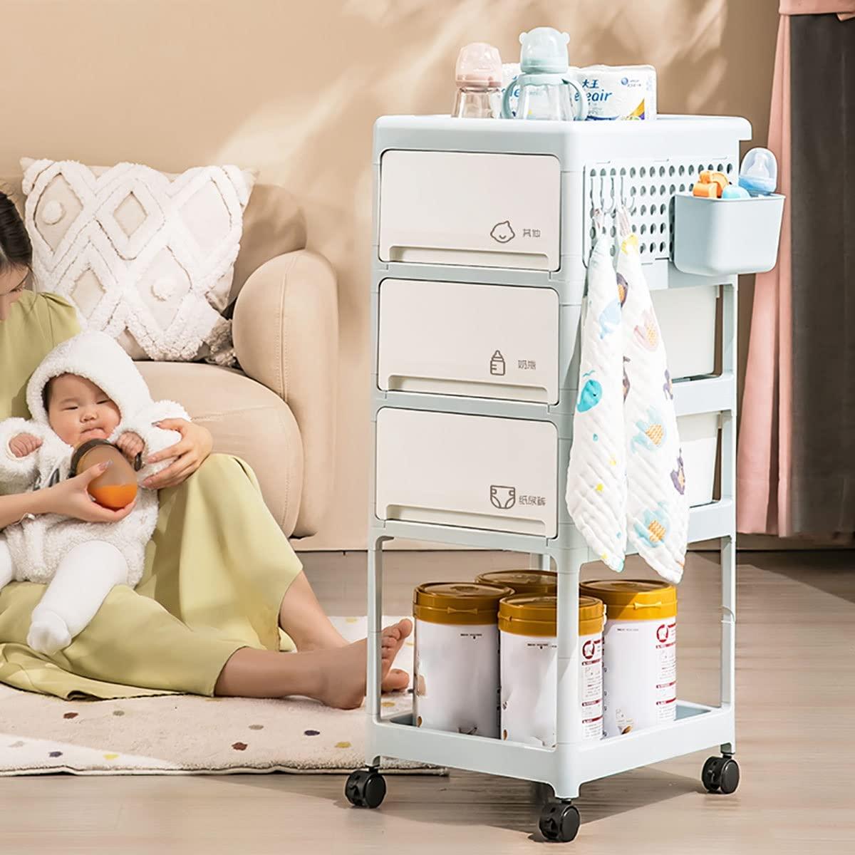 HNXMJ 2-Tier Bathroom Storage Trolley with Handle, Compact Rolling Cart Organizer for Groceries, Bathroom Cart with Hanging Cups, Bedroom Storage Cart On Wheels, Storage Rolling Cart Space Saver