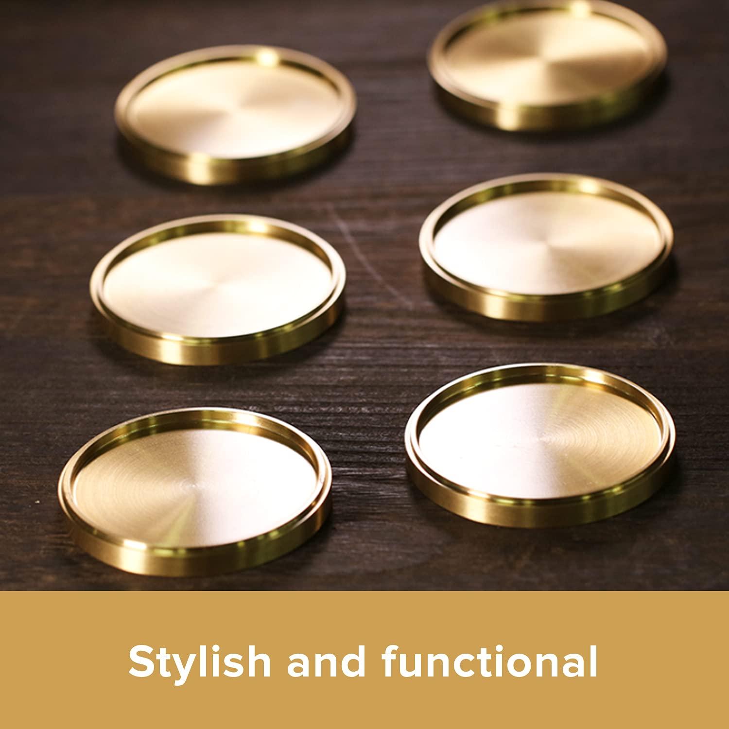 Primo Supply Heavy Brass Coasters for Drinks (6-Pack) - Solid Bronze Gold Coasters - Classy MCM Style Premium Coaster Set - 5 Star Hotel Table & Bar - Board Room Elegant Copper Cup Holder - L