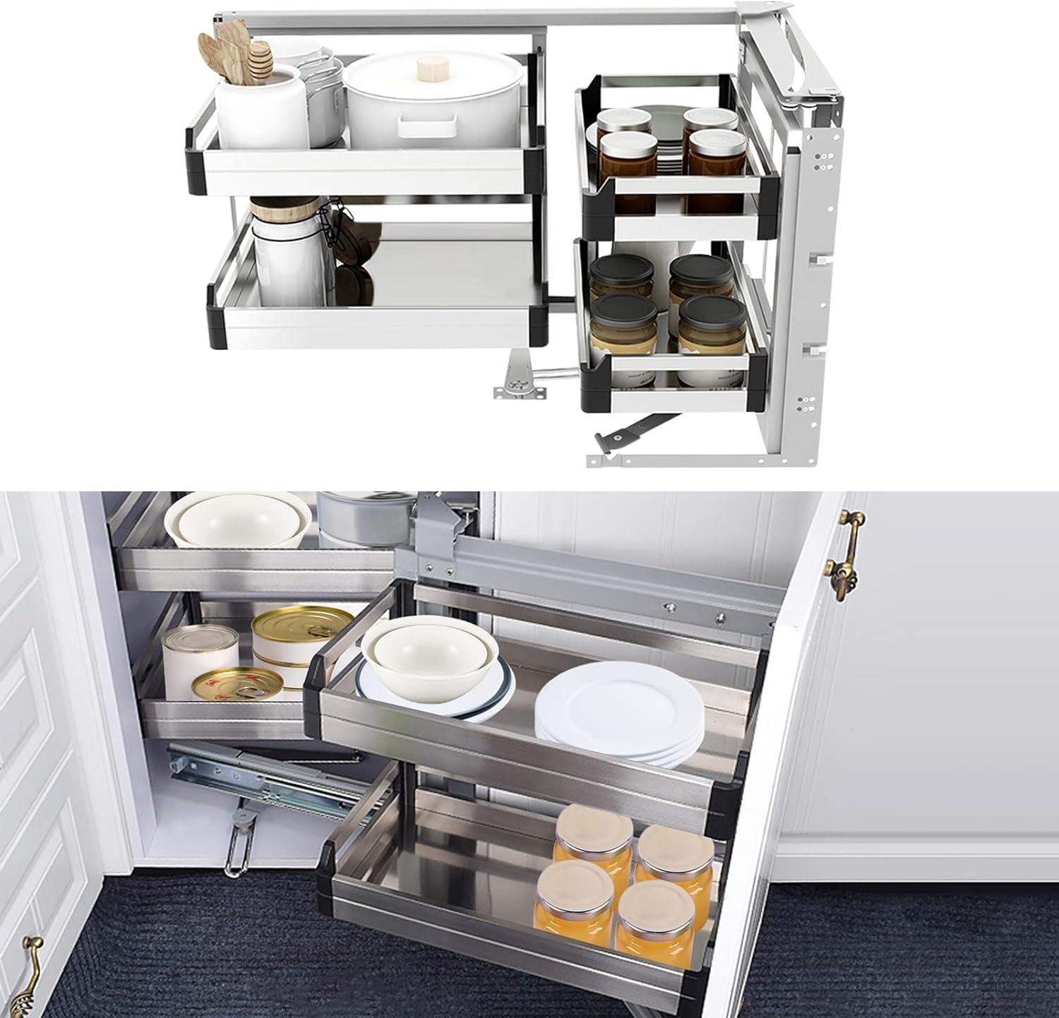 ZAIHW ZAIHW Blind Corner Cabinet Pull Out Organizer, Right, Silver, Modern, Kitchen, L-shape, 17.3\"W x 9.4\"D x 3\"H, 17.6lbs Capacity