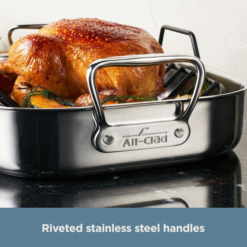 All-Clad All-Clad Specialty Stainless Steel Roaster and Nonstick Rack 16x13x5 Inch Oven Broiler Safe 600F Roaster Pan, Pots and Pans, Bakeware, Turkey, Silver