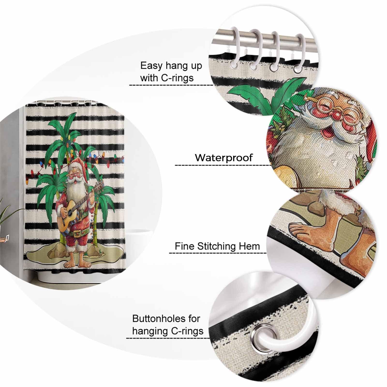 ZOE GARDEN Tropical Christmas Bathroom Set with Shower Curtain Rug Accessories - 72x72 Inches Long Bathtub Curtain with Small Bath Mat,Washable Bathtub Floor Runner Rug Set,Hooks Santa Palm Tree Black Stripe