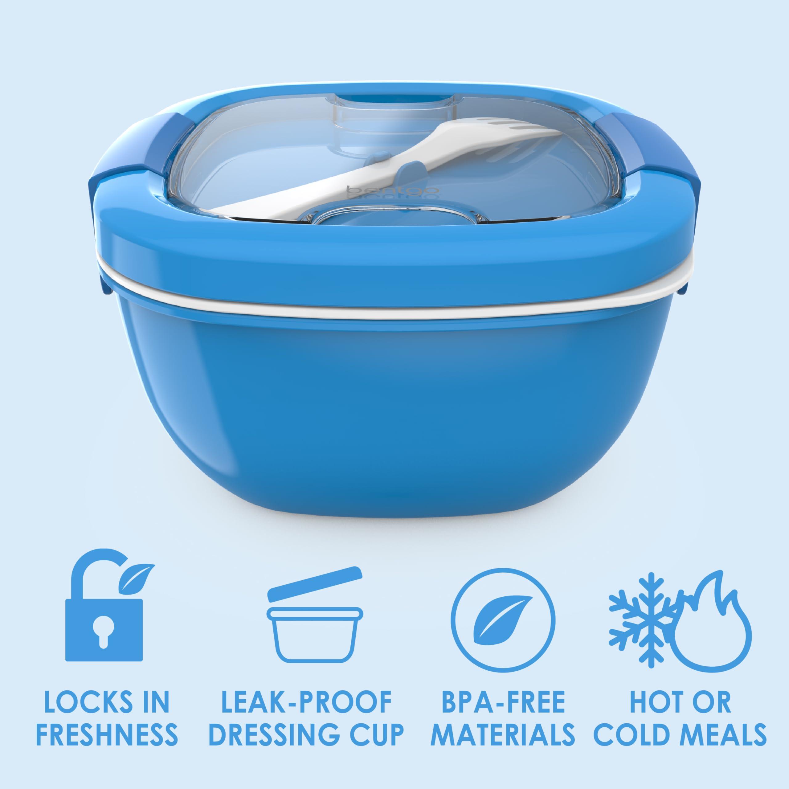 Bentgo Bentgo Salad Container - 54 oz Bowl with 4-Compartment Toppings Tray, Leak-Proof Dressing Container, Reusable Fork, BPA-Free Lunch Box for Meal Prep & Food Storage; Removable Bento Tray (Blue)