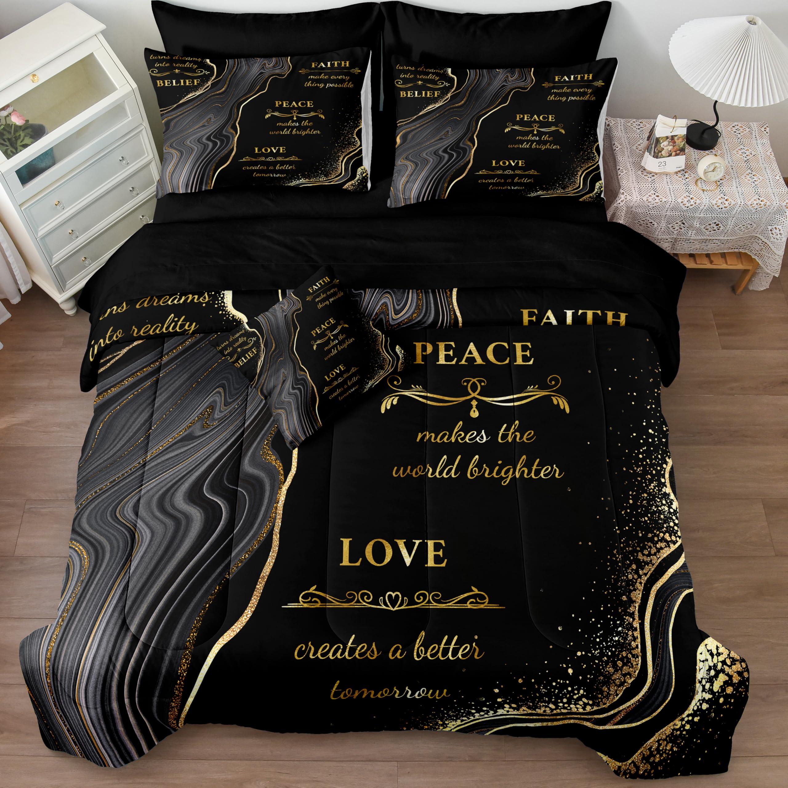 Herside Herside Marble Queen Comforter Set with Sheets,8 Pieces Black and Gold Queen Bed in a Bag Set,Inspirational Positive Energy Words Quilt Set,Modern Marble Texture Luxury Bedding Set for All Seasons
