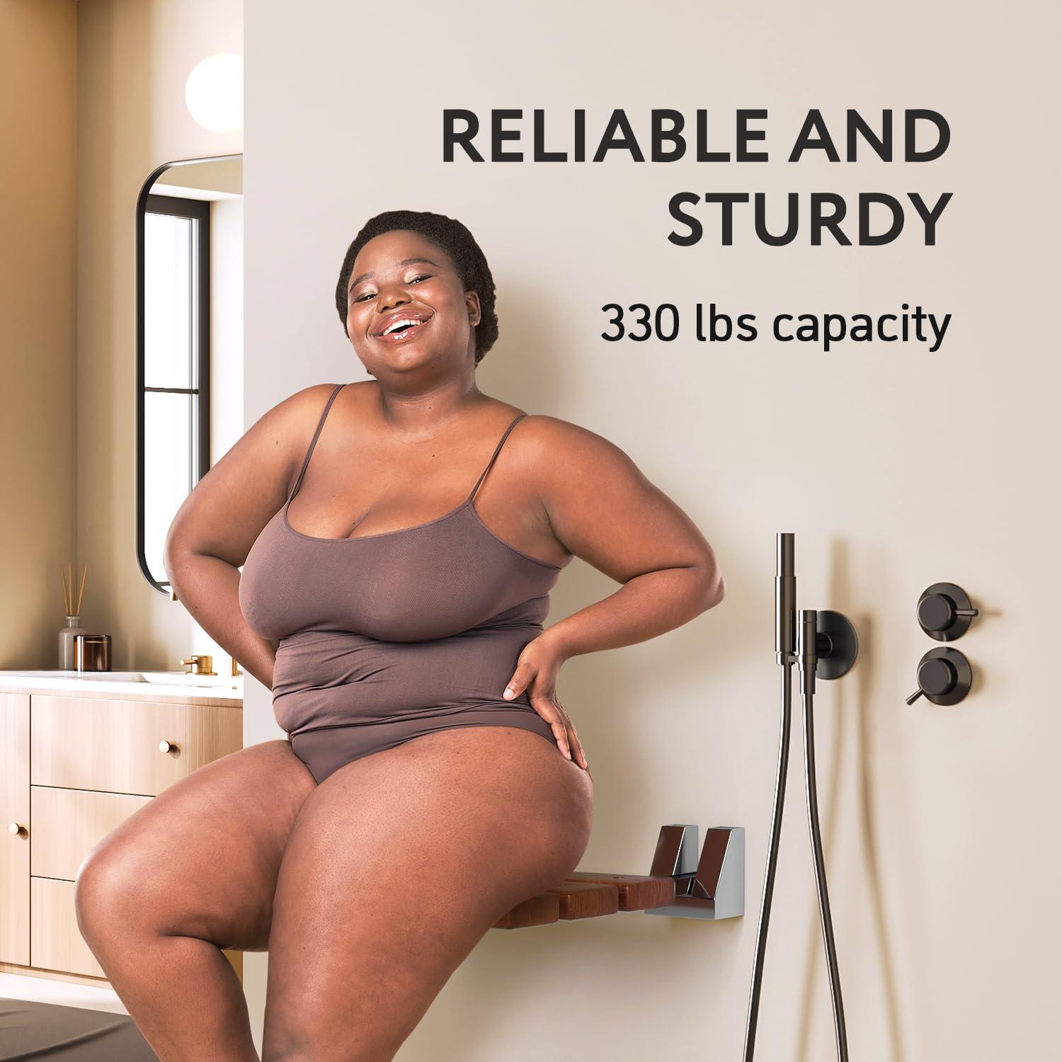 Kenley Folding Shower Seat - Teak Shower Seat Wall Mounted - 16 Inch Floating Fold Down in Shower Bench - Fold Up Bathroom Stool - Foldable Teak Wood Chair with Stainless Steel Wall Mount - 330lb Capacity