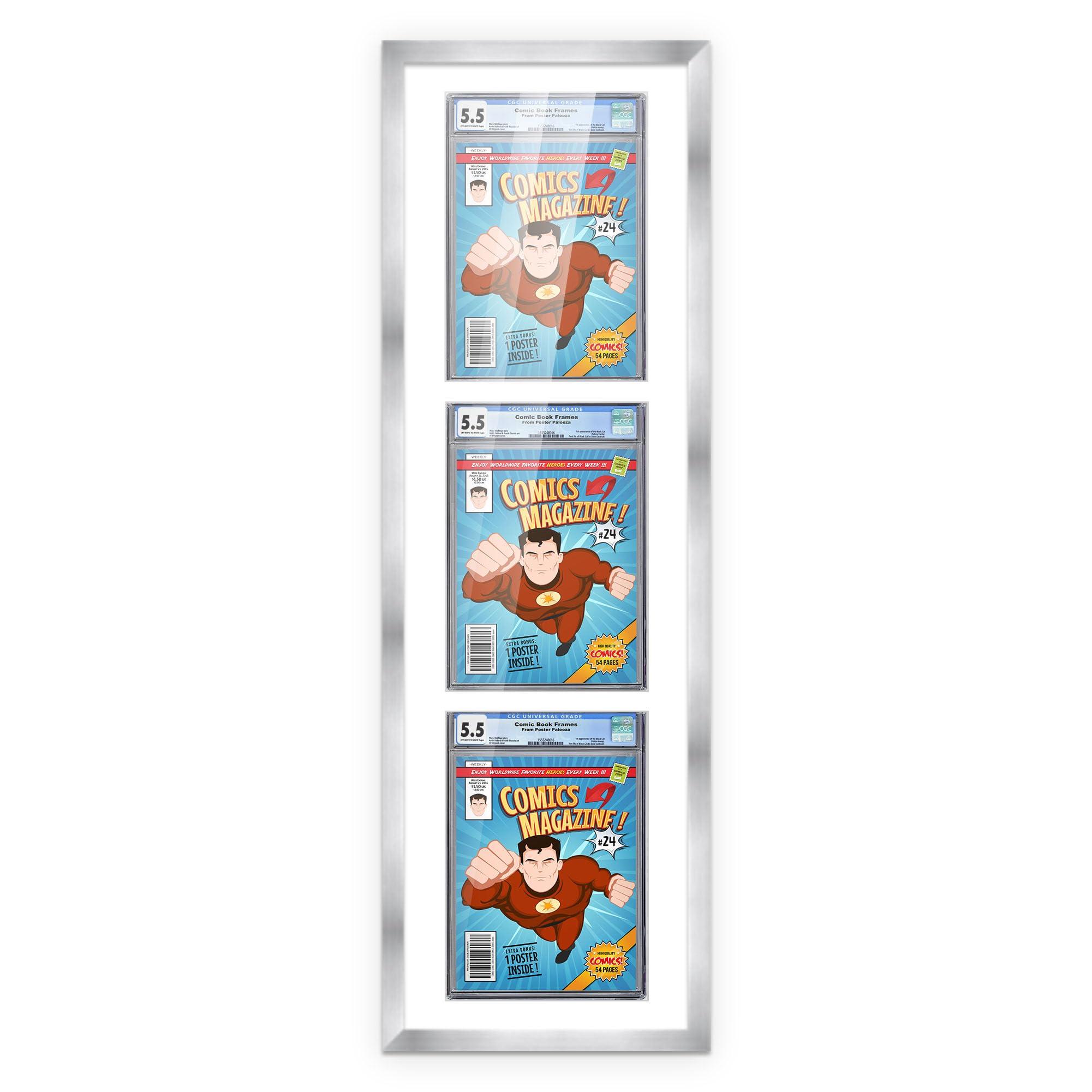 Poster Palooza Poster Palooza Comic Book Frame Wall Display with Mat for 3 CGC, CBCS OR PGX Graded Comics - Silver Comic Frame for 8.125x13 Comics