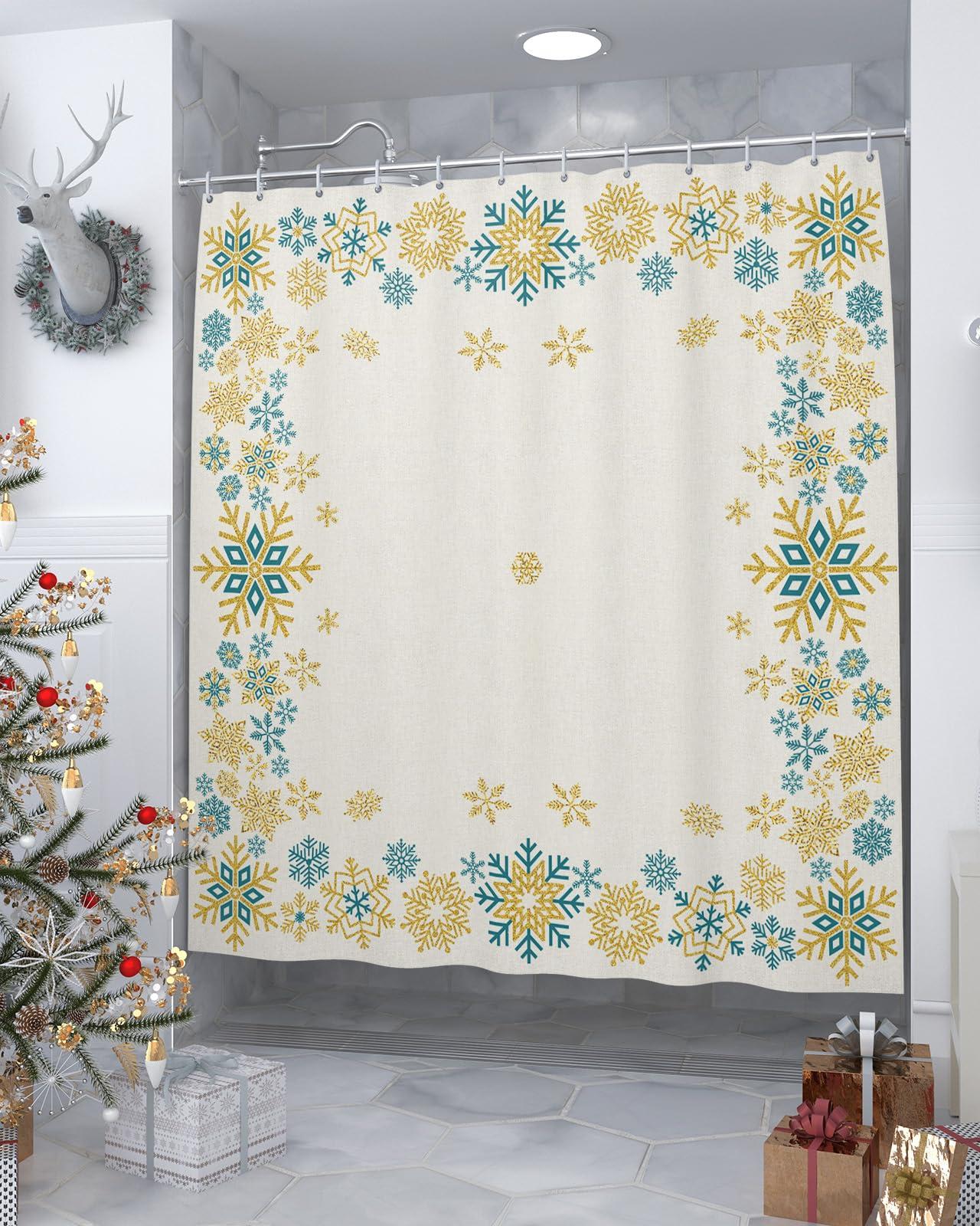 ZOE GARDEN Christmas Farmhouse Shower Curtain Set with Hook 36\"x72\",Washable Cloth Polyester Fabric Shower+Curtain,Waterproof Bath Curtains for Bathroom,Bathtubs Accessories Winter Xmas Snowflakes Turquoise Gold