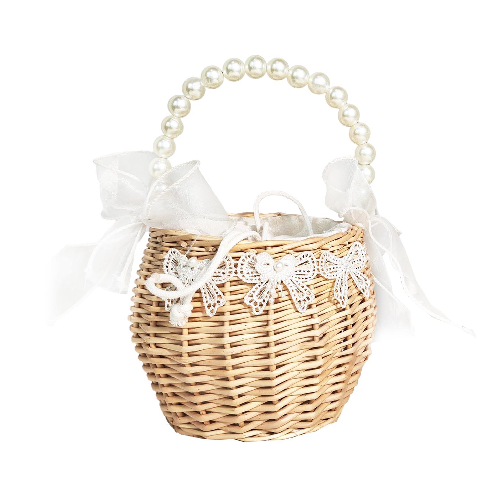 JUOPZKENN JUOPZKENN Rattan Flower Basket,Pearl Flower Girl Basket Rattan Basket Flower Girl Bag Rustic Flower Girl Basket Wicker Basket for Wedding Flower Girl Accessories(18cm / 7.1in-White 2)