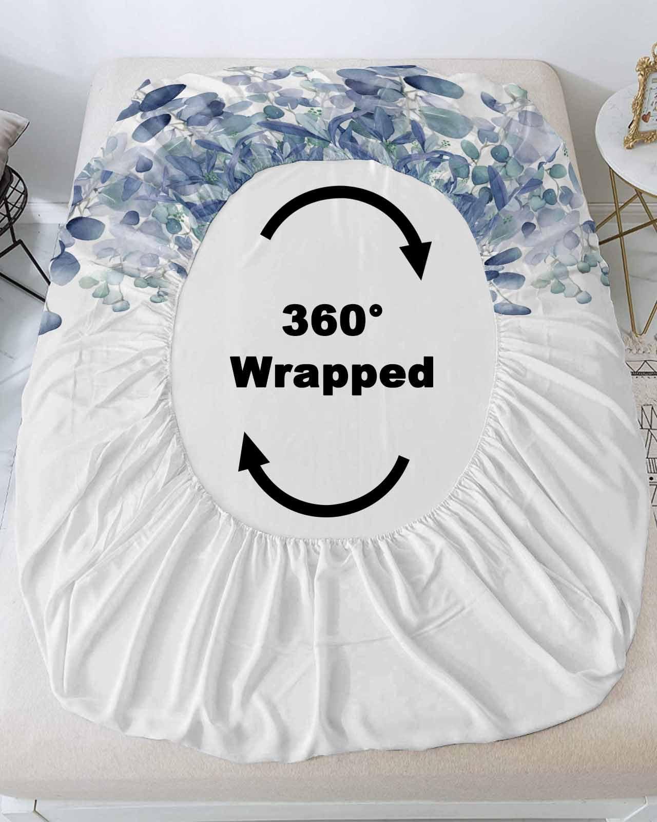 Queener Home Watercolor Blue Eucalyptus Leaf Fitted Bed Sheet with Elastic Edge King Deep Pocket Bedding Sheets Fits Mattress Up to 16 Inch, Pastoral Green Botanical Leaves Mattress Cover with 2 Pillowcase