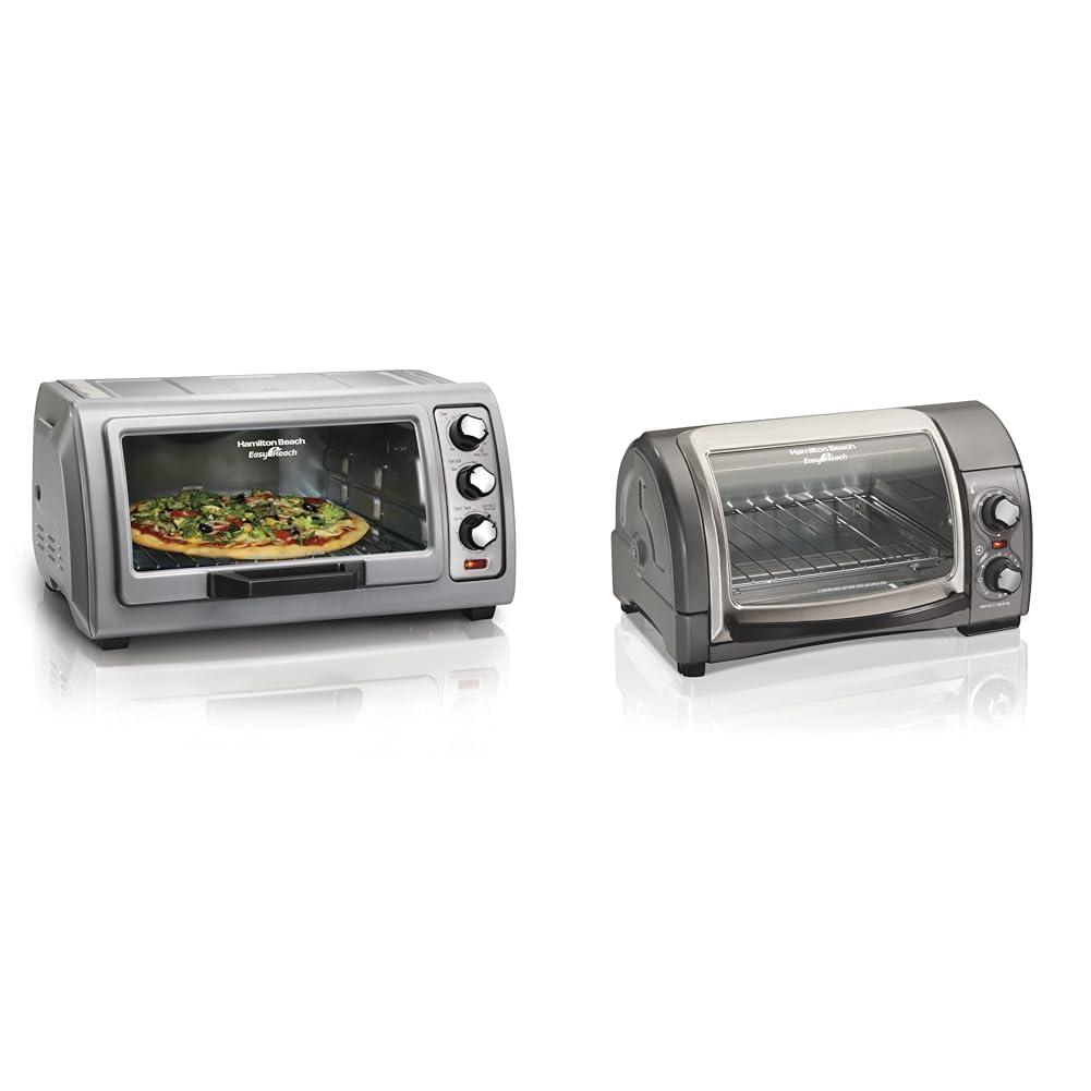 Hamilton Beach Hamilton Beach 6 Slice Countertop Toaster Oven With Easy Reach Roll-Top Door, Bake, Broil & Toast & Easy Reach 4-Slice Countertop Toaster Oven With Roll-Top Door, 1200 Watts, Fits 9 Pizza