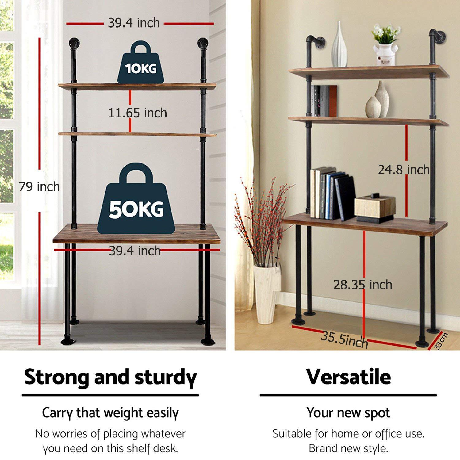 LOKKHAN LOKKHAN 79-inch Industrial Laptop Desk Solid Wood Computer Desk Wall Pipe Desk with Shelves Computer Table for Home Office (L:40 inch)
