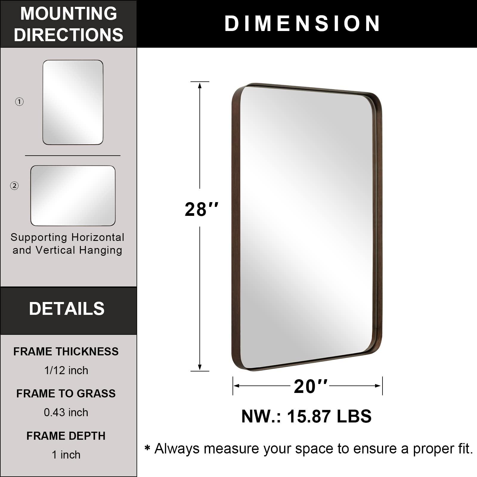 ANDY STAR ANDY STAR Wall Mirror for Bathroom, 20x28Brushed Bronze Bathroom Mirror, Rounded Rectangle Mirror in Premium Stainless Steel Metal Frame Hangs Horizontal Or Vertical