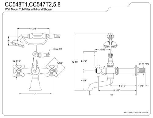 Kingston Brass Kingston Brass CC548T1 Vintage 7-Inch Spread Wall Mount Leg Tub Filler with Hand Shower, Metal Cross Handle, Polished Chrome