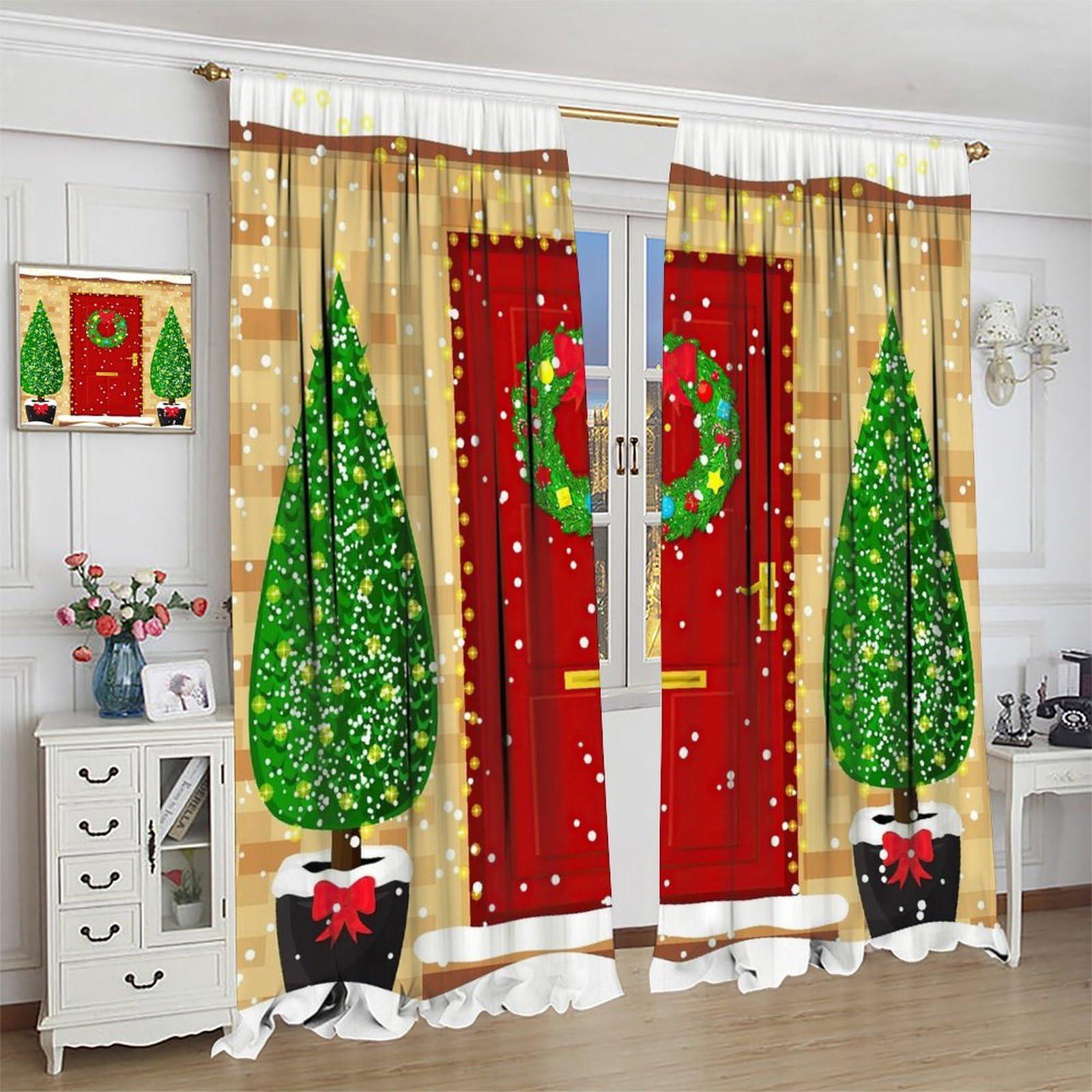 Nanacur Nanacur Christmas Blackout Curtains, Winter Snowflake Red Storefront Xmas Trees Window Drapes, for Christmas Living Room Bedroom 42(W)*84(L) 2 Panels-(Happy Christmas)