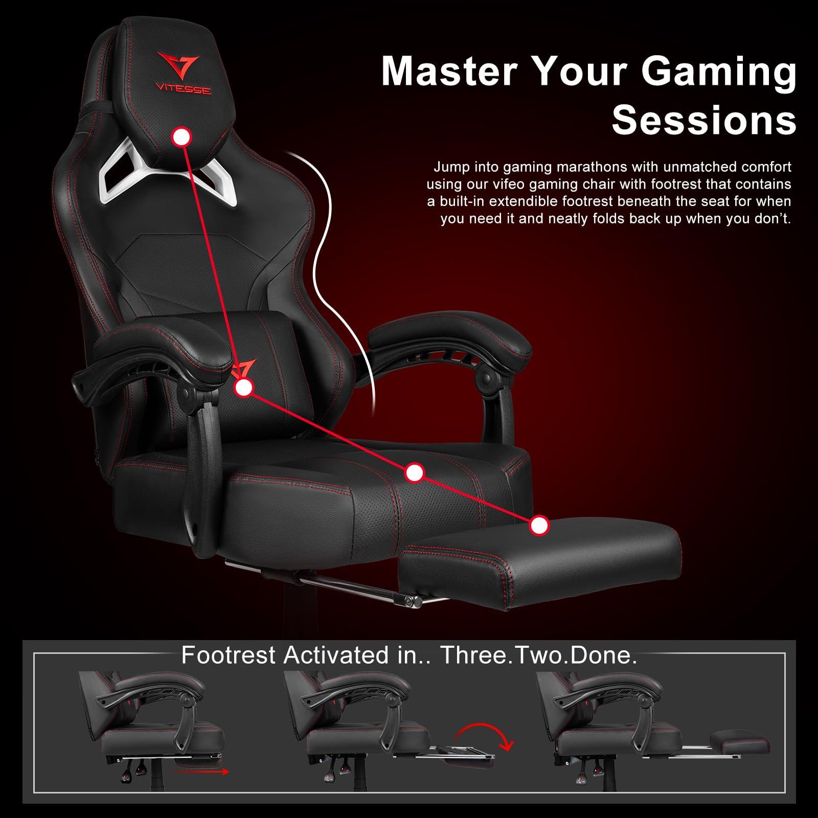 VITESSE VITESSE Big and Tall Gaming Chair 400lb Weight Capacity with Footrest, Ergonomic Video Game Chair for Adults with Oversized Headrest and Lumbar Pillow, Computer Chair Gaming for Office (Black+Red)