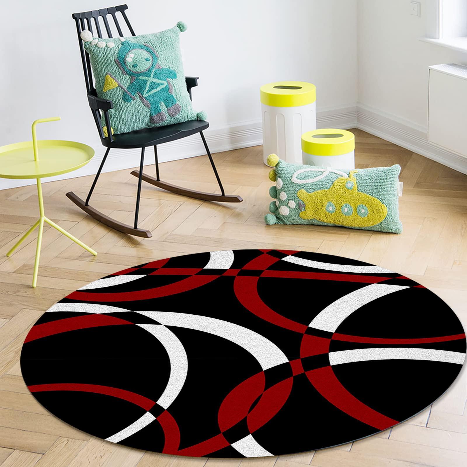 Jolunifun Red Geometric Round Area Rug 5ft,Washable Outdoor Indoor Carpet Runner Rug for Bedroom,Kitchen,Bathroom,Living Room,Office,Black White Modern Abstarct Circle Area+Rug Large Bath Door Desk Floor Mat
