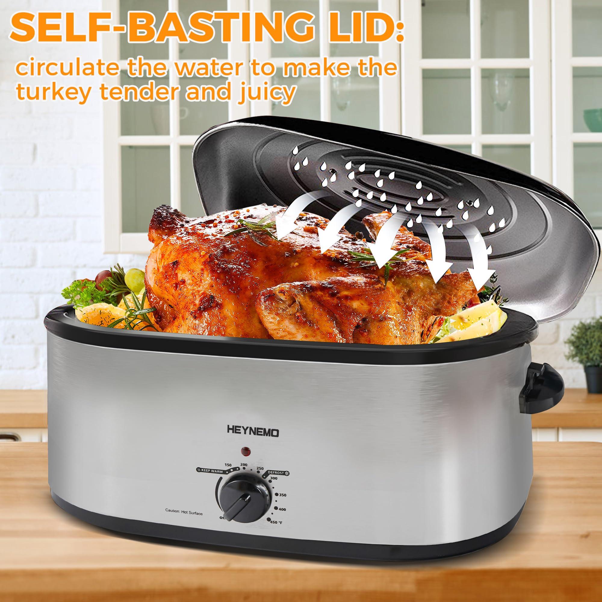 HEYNEMO Roaster Oven, 20Qt Turkey Roaster Oven Buffet with Self-Basting Lid, 1450W Electric Roaster Oven with Cool-Touch Handles, Stainless Steel Roaster Oven with Removable Pan and Rack, Silver