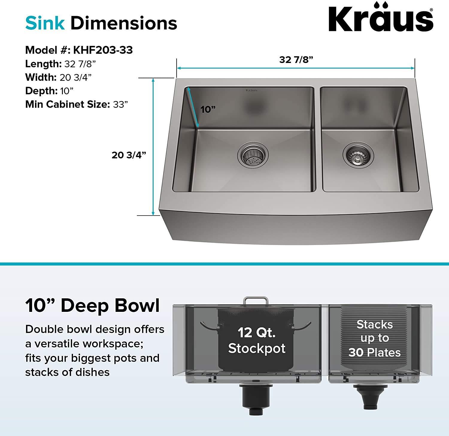 Kraus KRAUS Standart Pro 33-Inch Apron Front Farmhouse 16-Gauge 60/40 Double Bowl Stainless Steel Kitchen Sink, KHF203-33