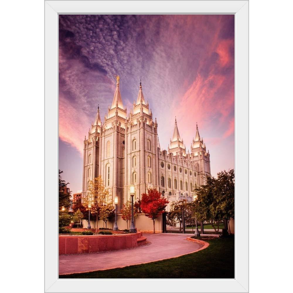 CANVAS ON DEMAND Salt Lake Temple, Pink Sunrise, Salt White Framed Art Print, Utah Artwork