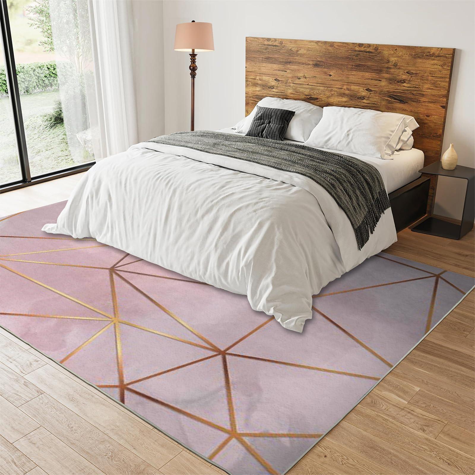 LACEABI Nordic Rose Gold Gradient Geometry Area Rug, Light Luxury Pink Indoor Non Slip Bedroom Rug, Low Pile Foldable Home Decor Carpet for Woman Bedside Living Room Kitchen Dining Room - 3 ft x 5 ft