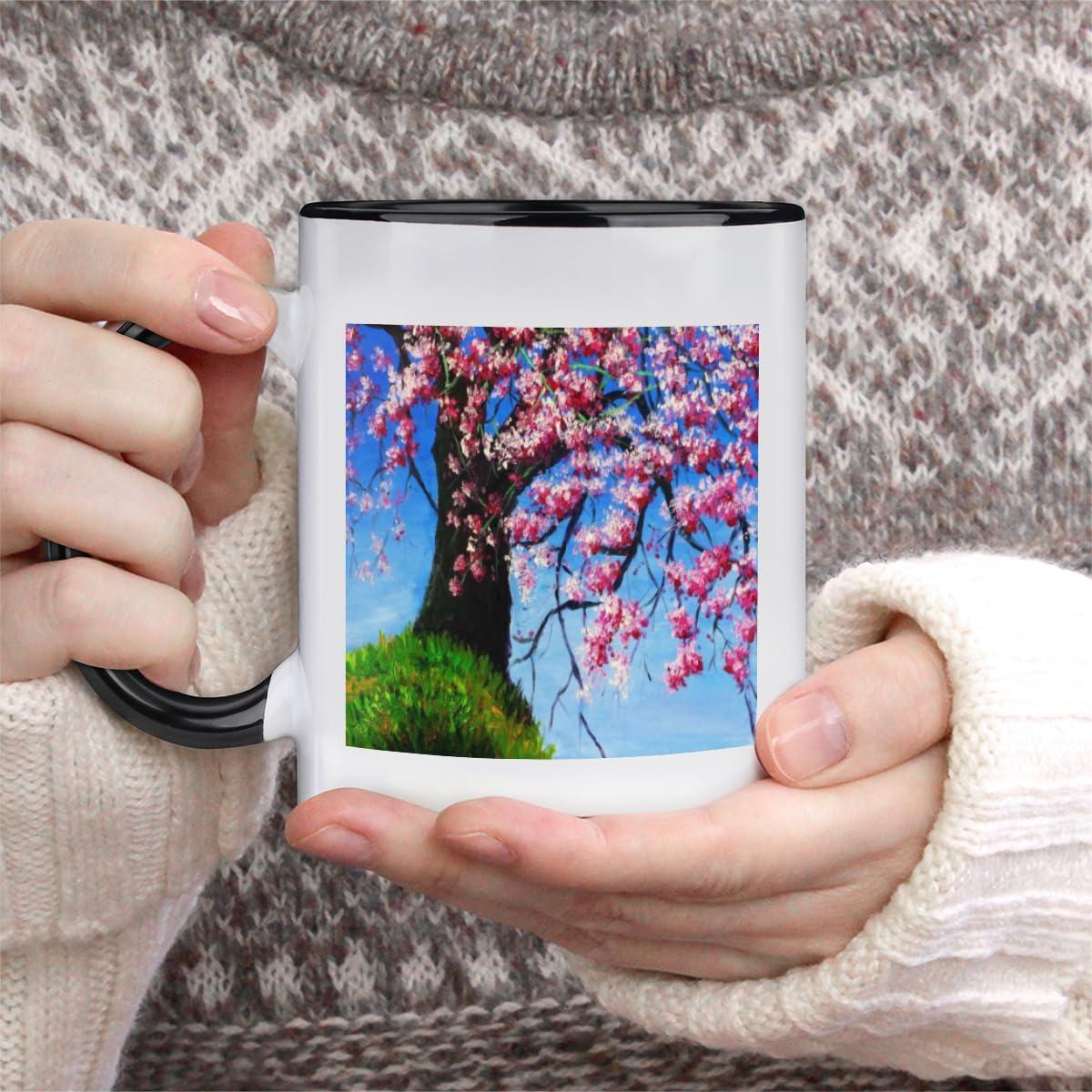 bisibuy Cherry Mugs Unique Ceramic Coffee Mug Blue Sky Tea Cups Big Coffe Mug Women Men Novelty Coffee Mugs for Home and Office