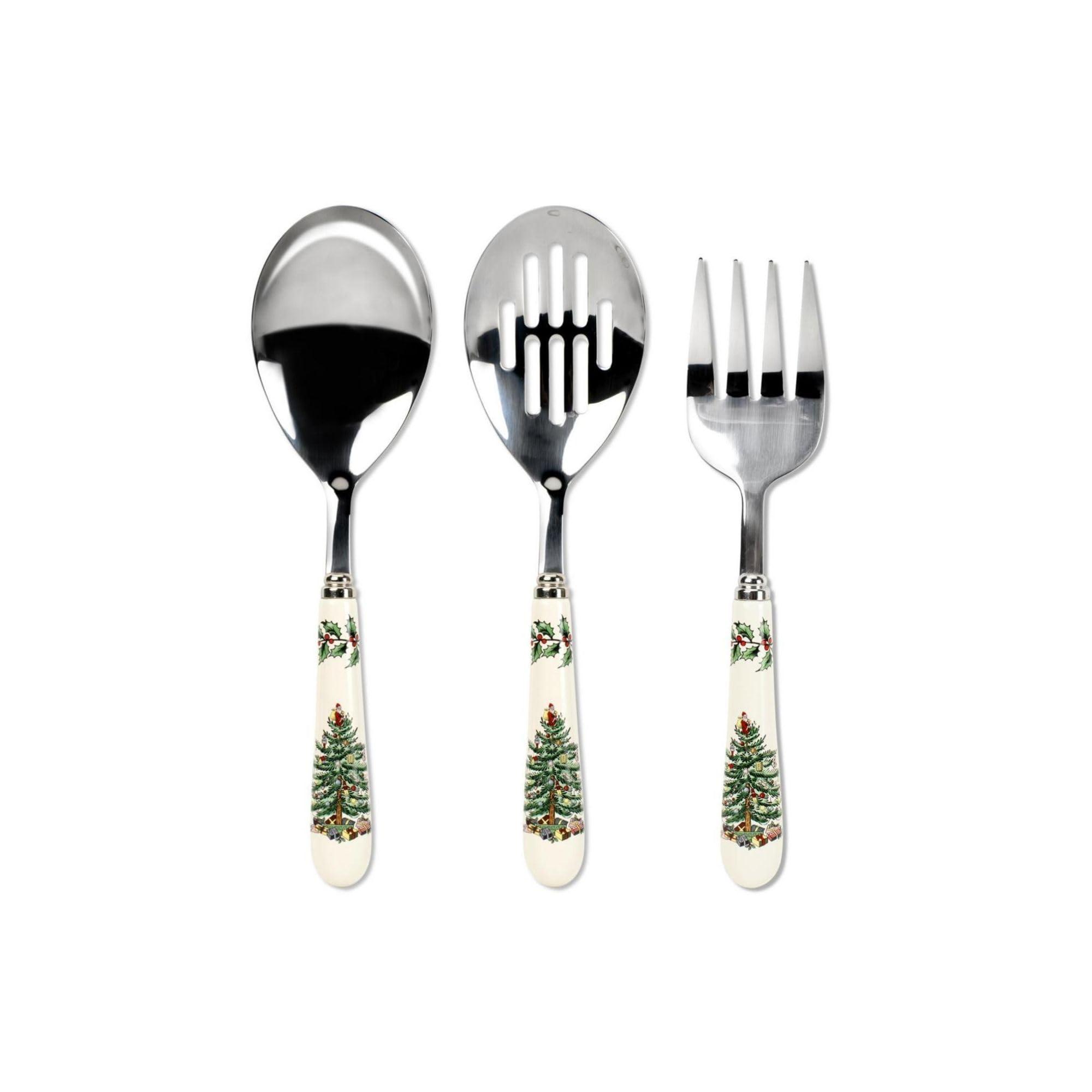 Spode Spode Christmas Tree 3-Piece Stainless Steel Cutlery Set - Porcelain Handle Flatware with Meat Fork, Serving Spoon, and Slotted Spoo - Holiday Silverware for Christmas Dinners & Seasonal Gatherings
