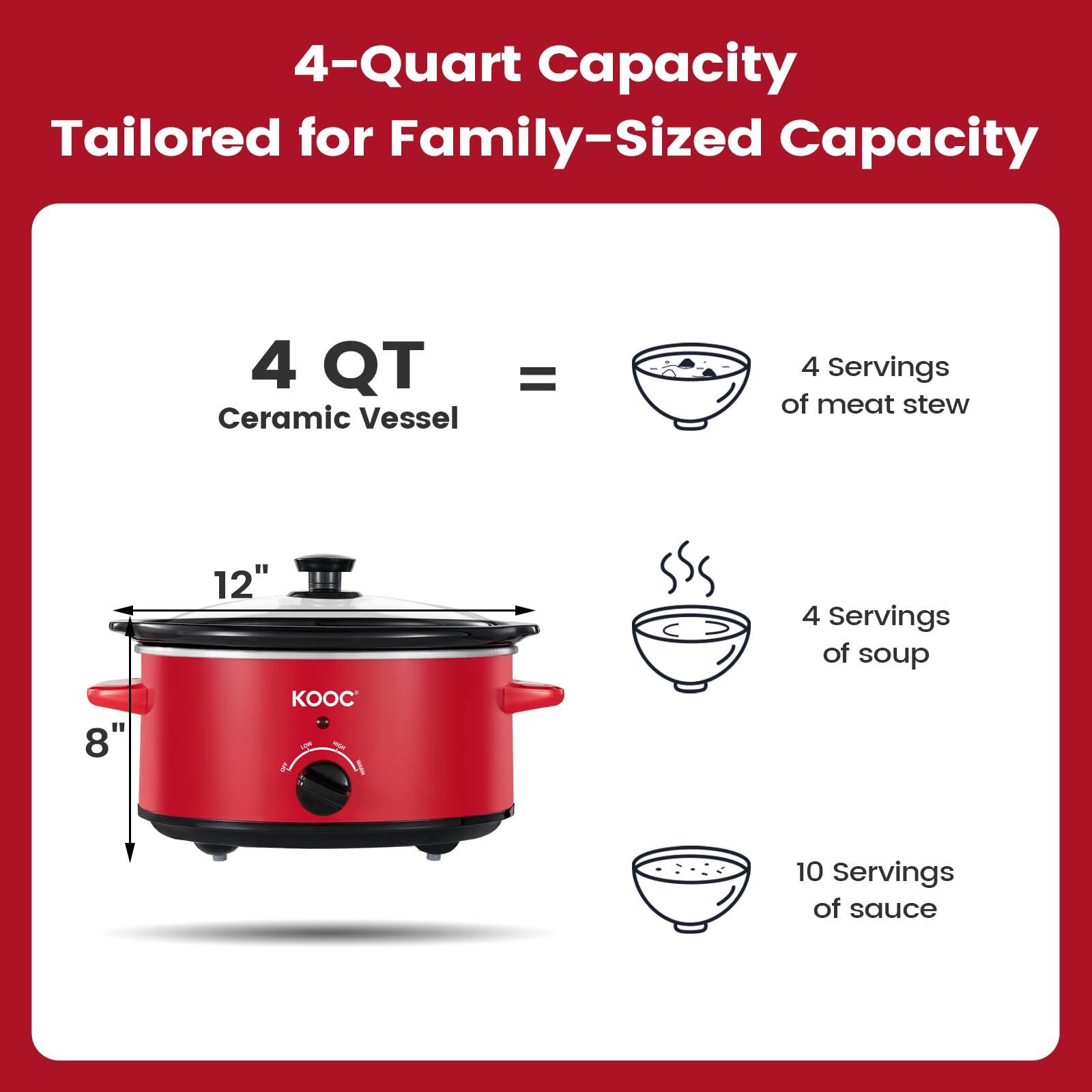 KOOC KOOC 4-Quart Slow Cooker, Free Liners Included for Easy Clean-up, 3 Temperature Settings, RED + KOOC Rubber Feet for Slow Cookers 5QT 7QT and 8.5 QT Pot Insert Accessories (8 Packs)