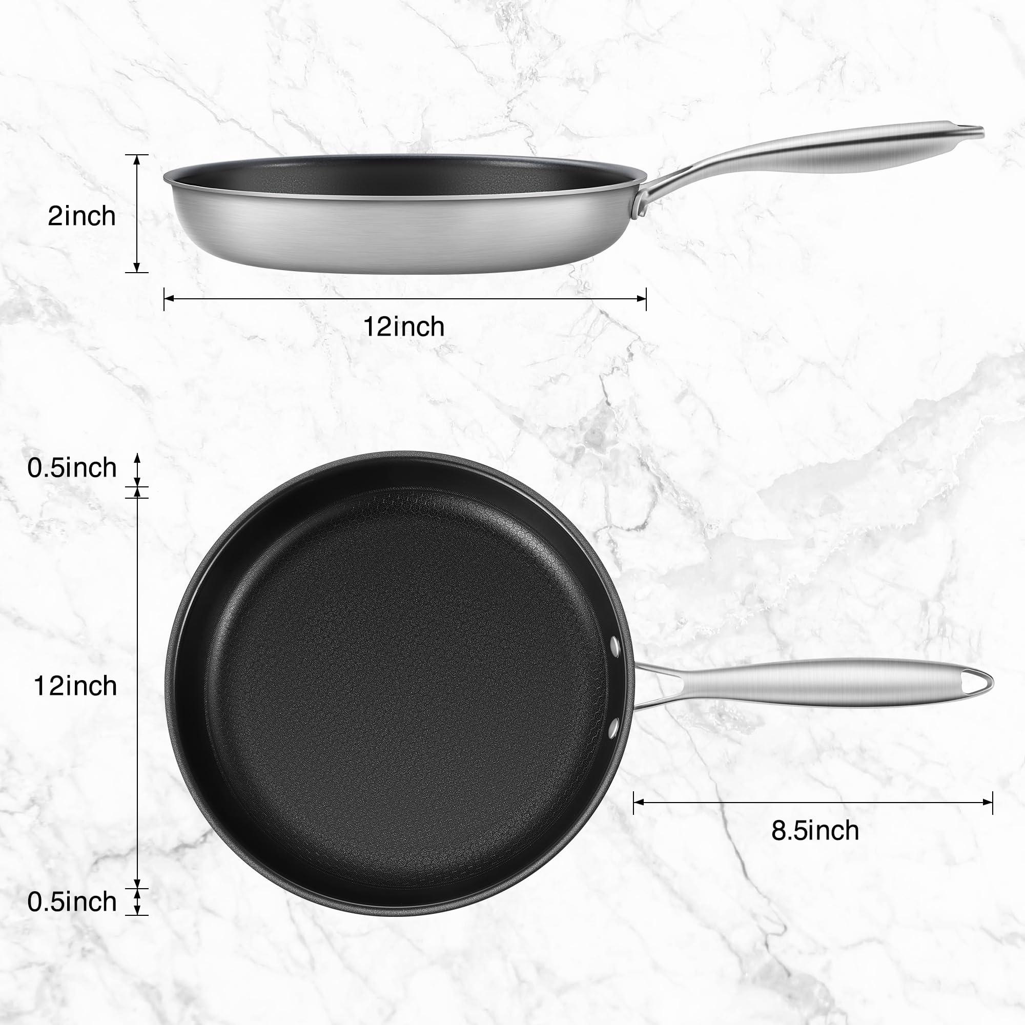 Leetaltree Leetaltree 12 Inch Frying Pan, Whole body Tri-Ply Stainless Steel Skillet for Gas Electric Induction Ceramic Stoves and Oven