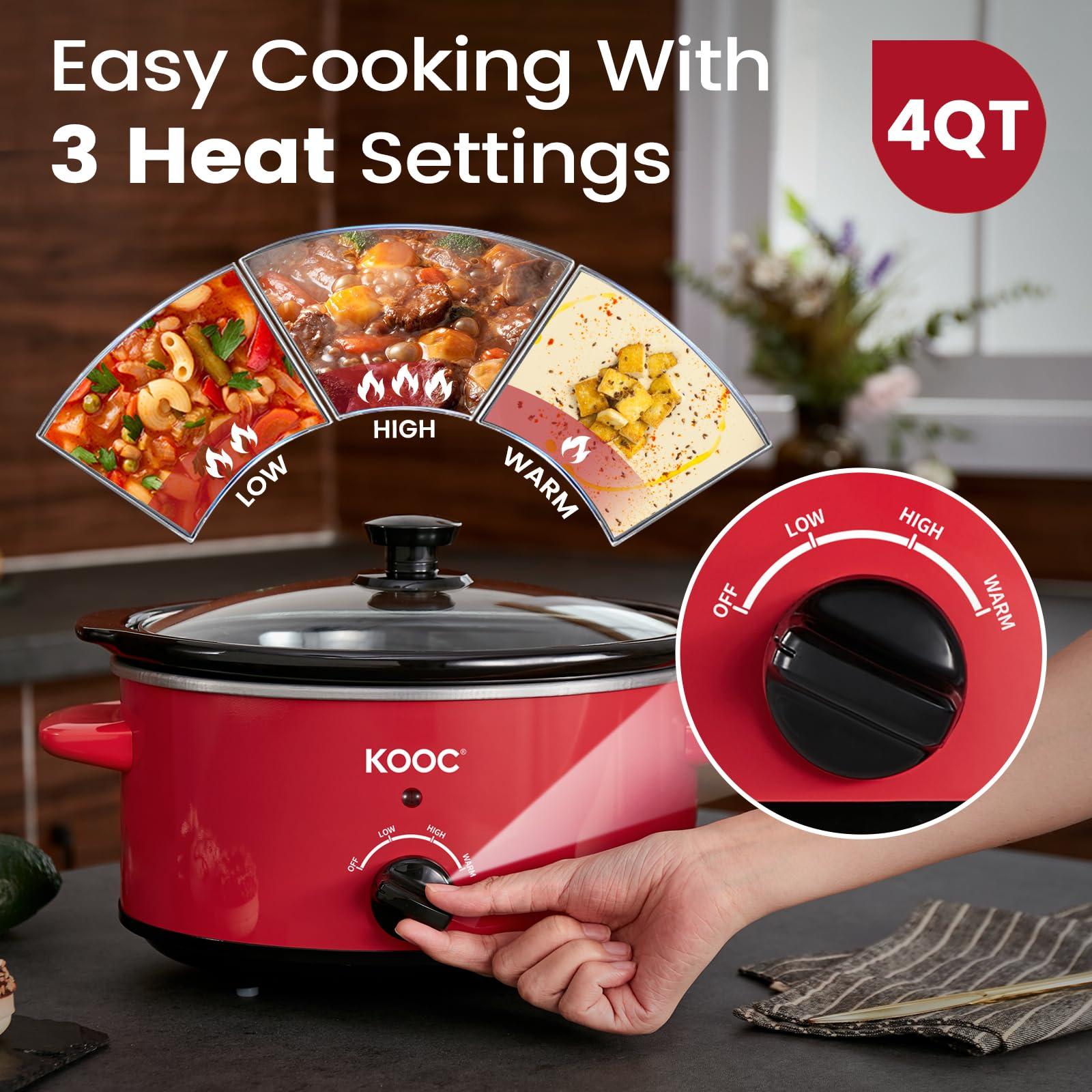 KOOC KOOC 4-Quart Slow Cooker, Free Liners Included for Easy Clean-up, 3 Temperature Settings, RED + KOOC Rubber Feet for Slow Cookers 5QT 7QT and 8.5 QT Pot Insert Accessories (8 Packs)