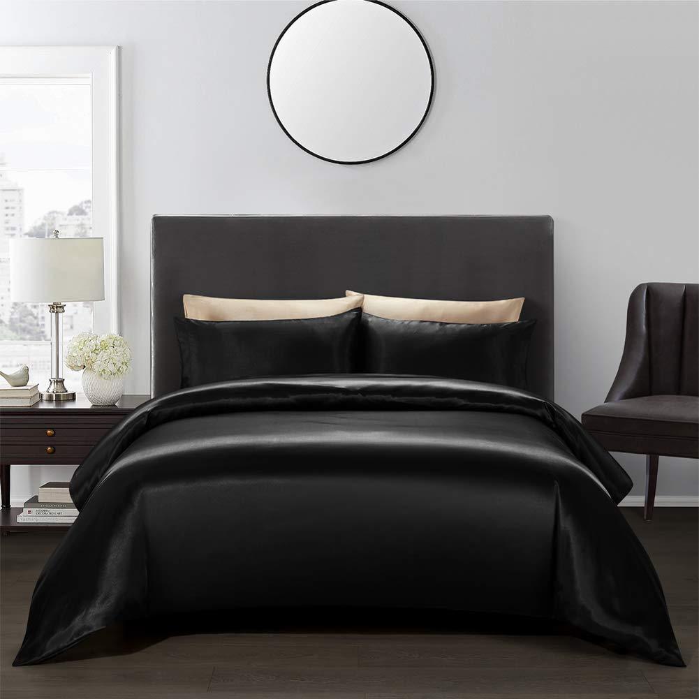 Dawade Store Silk Satin Duvet Cover Set 3 Piece (Duvet Cover + 2 Pillowcases) King Soft Duvet Cover King Size Black Satin Duvet Cover Zipper Closure