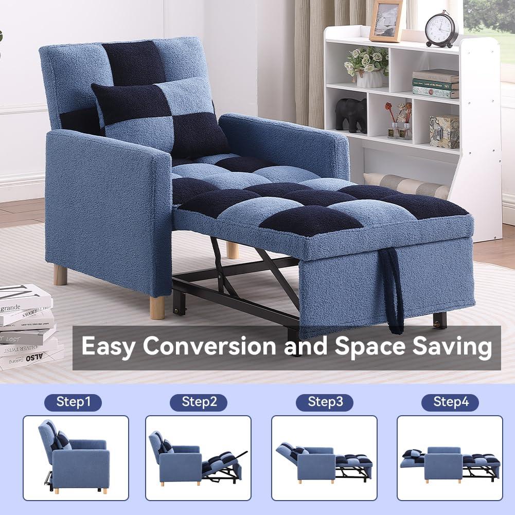 SmarvoHouse Sleeper Chair Bed - Convertible Single Sofa Chair Bed with Pillow,Pull Out Sleeper Bed with Adjustable Backrest,Multi-Functional Lounge Chair with Teddy Fabric for Apartment,Living Room (Blue)