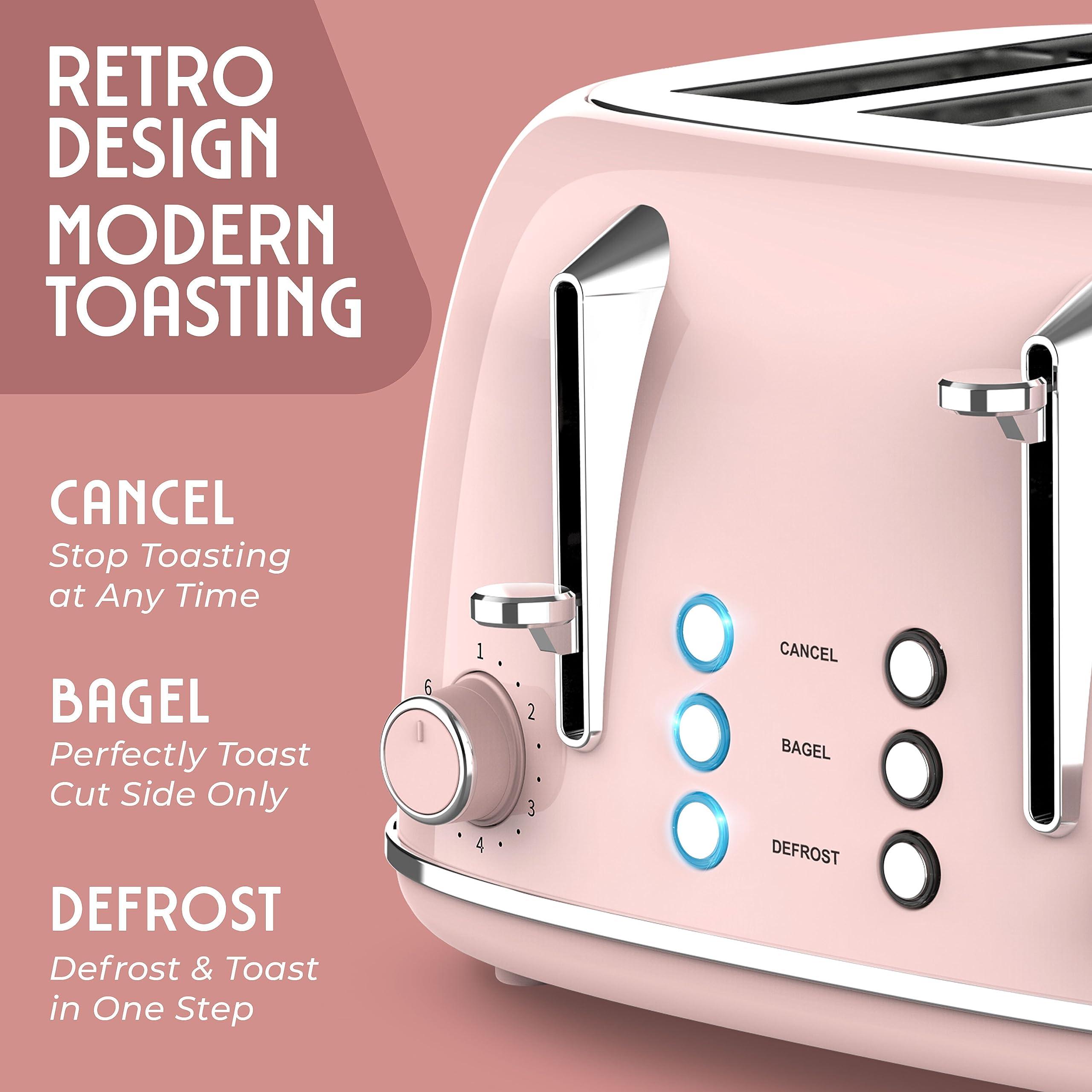 MELLERHOME Mueller Retro Toaster 4 Slice with Extra Wide Slots Bagel, Defrost, and Cancel Function, 6 Browning Levels, Dual Independent Controls, Removable Crumb Tray and High Lift Levers, Pink