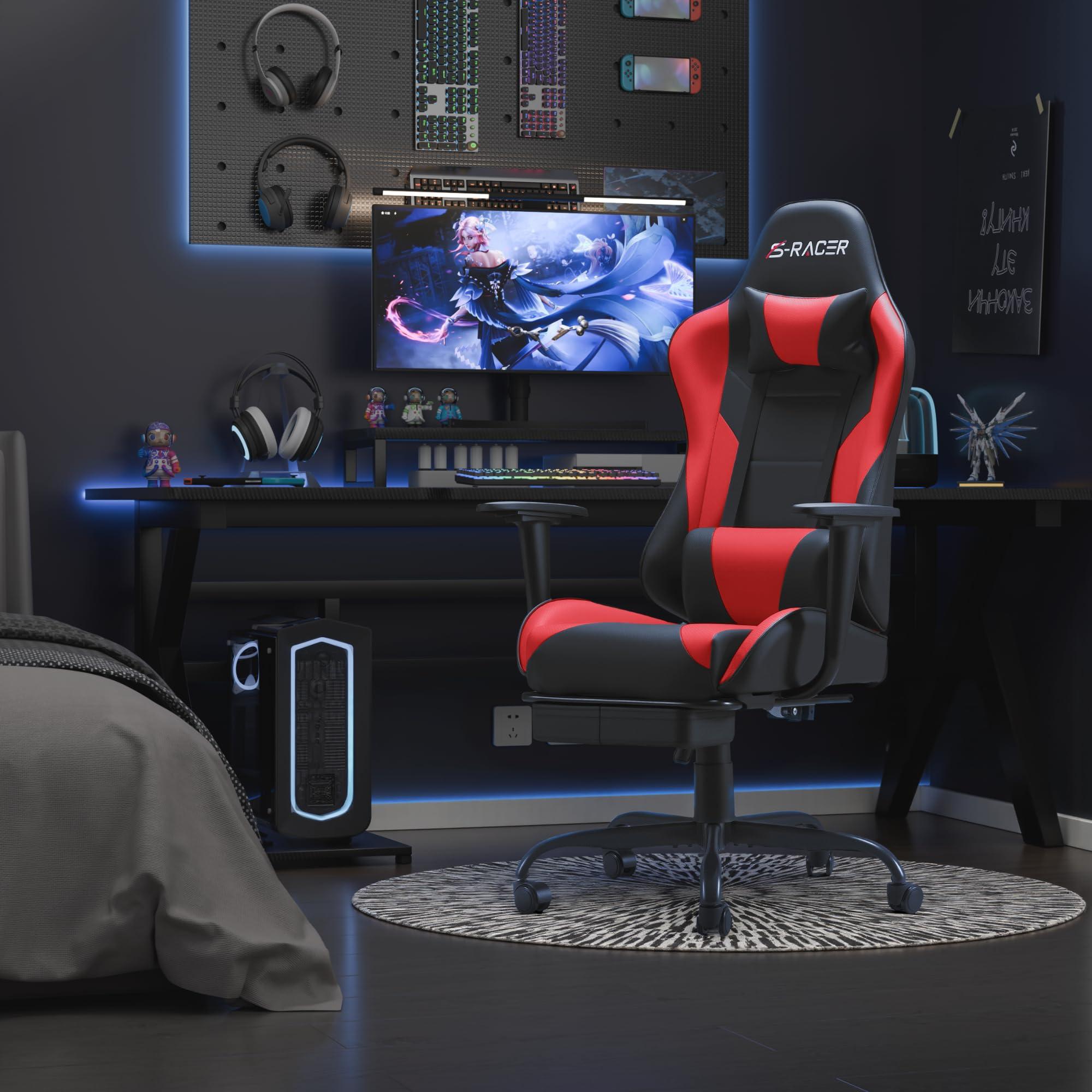Homall Homall Gaming Chairs, Computer Chair with Footrest and Massage Lumbar Support, Height Adjustable Game Chair with Headrest and Swivel Seat (Red)