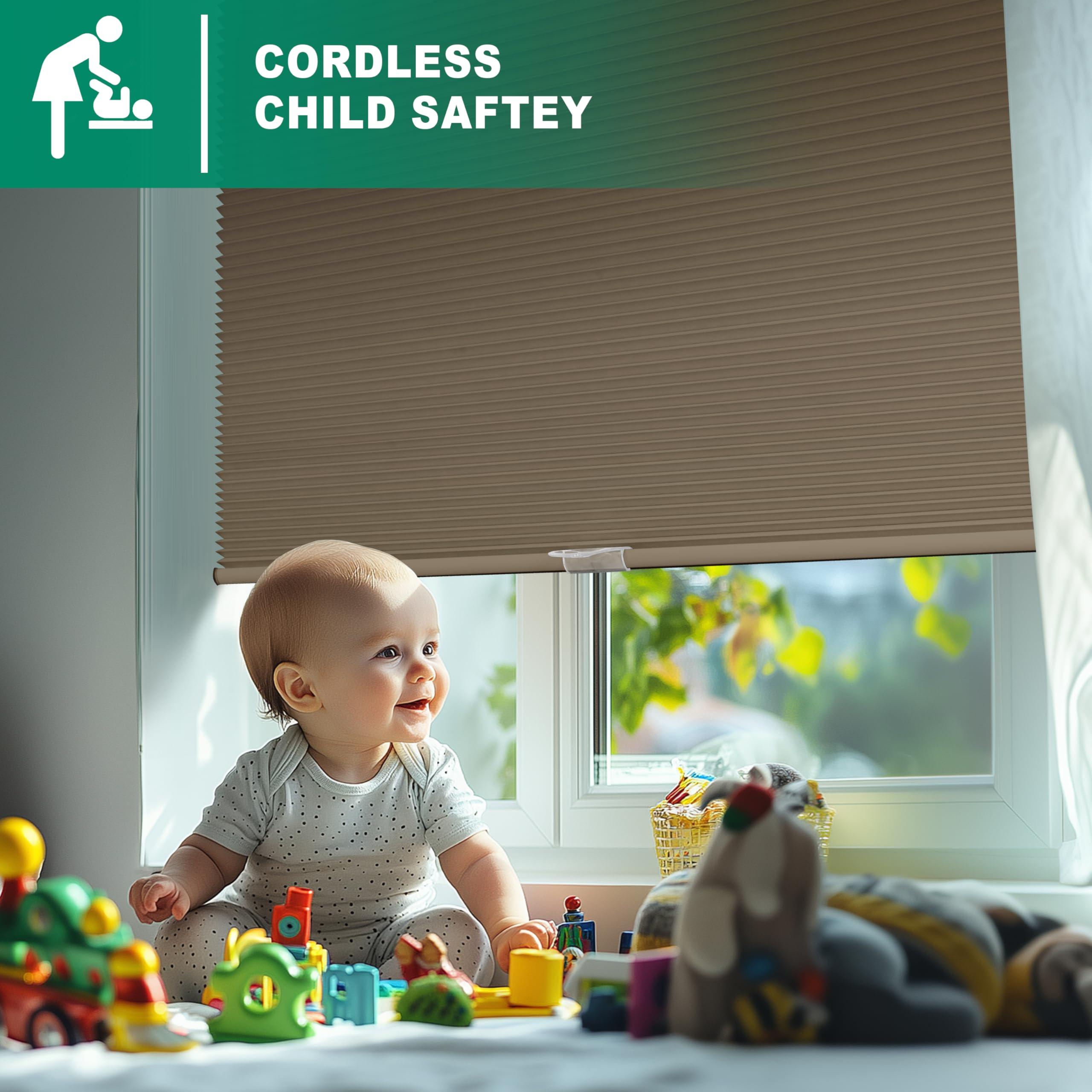 BERISSA BERISSA No Drill No Tools Blackout Cellular Shades Cordless Honeycomb Blinds Easy to Install Cellular Blinds for Windows, Blackout-Browm,72" W x 80" H.