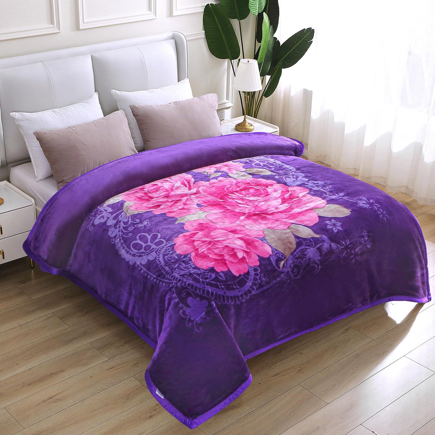 JYK JYK Soft Blanket Korean Mink Blanket, 5.7 LB Fleece Blanket King 83\'\' x 91\'\' - 2 Ply Reversible 520GSM Super Soft Plush, Thick, Warm Bed Blanket for Autumn Winter - Rose/Camellia
