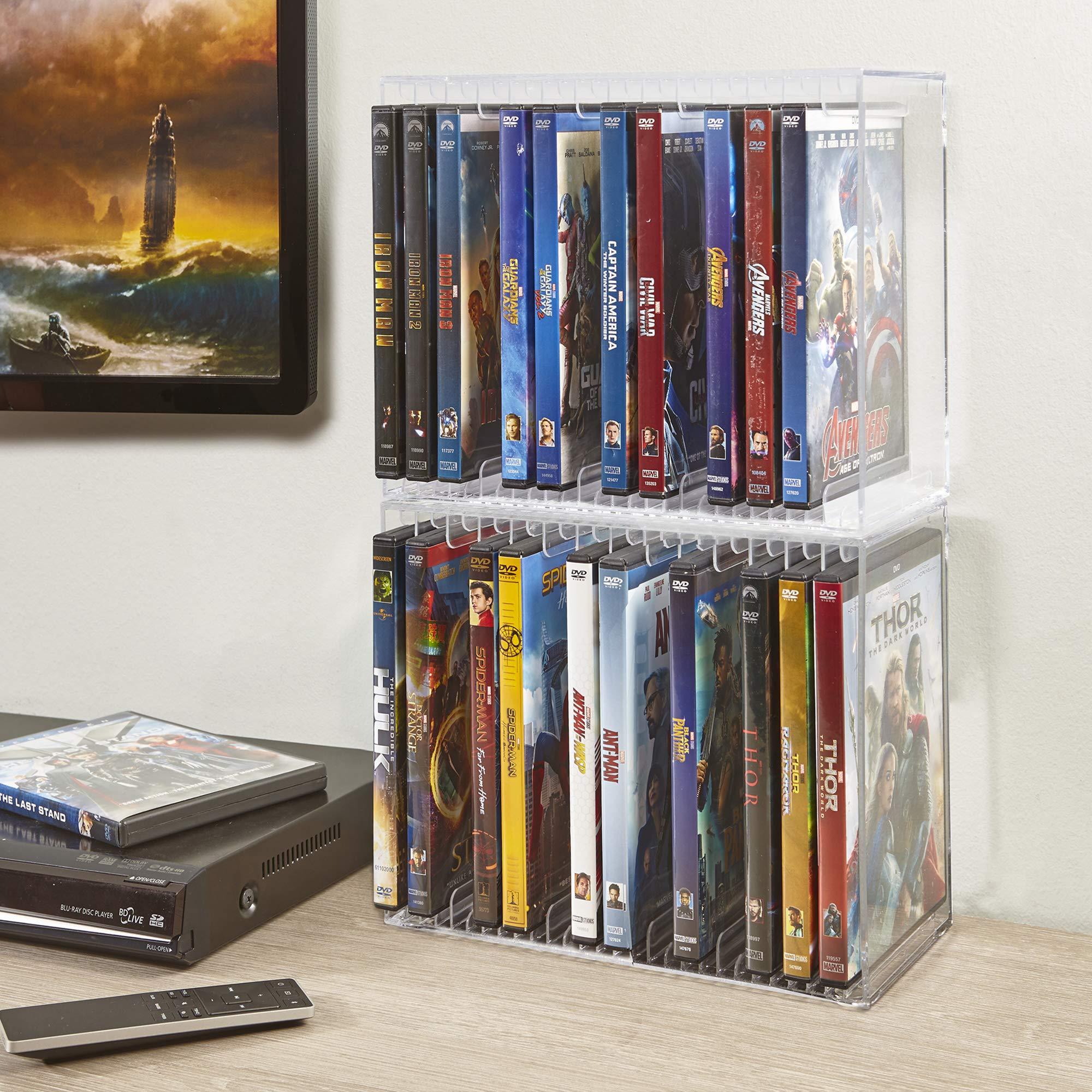 STORi STORi Stackable Clear Plastic DVD Organizer with Rubber Feet | Rectangular Holder Perfect for Theater Room | Holds up to 14 Standard DVD Cases | Made in USA