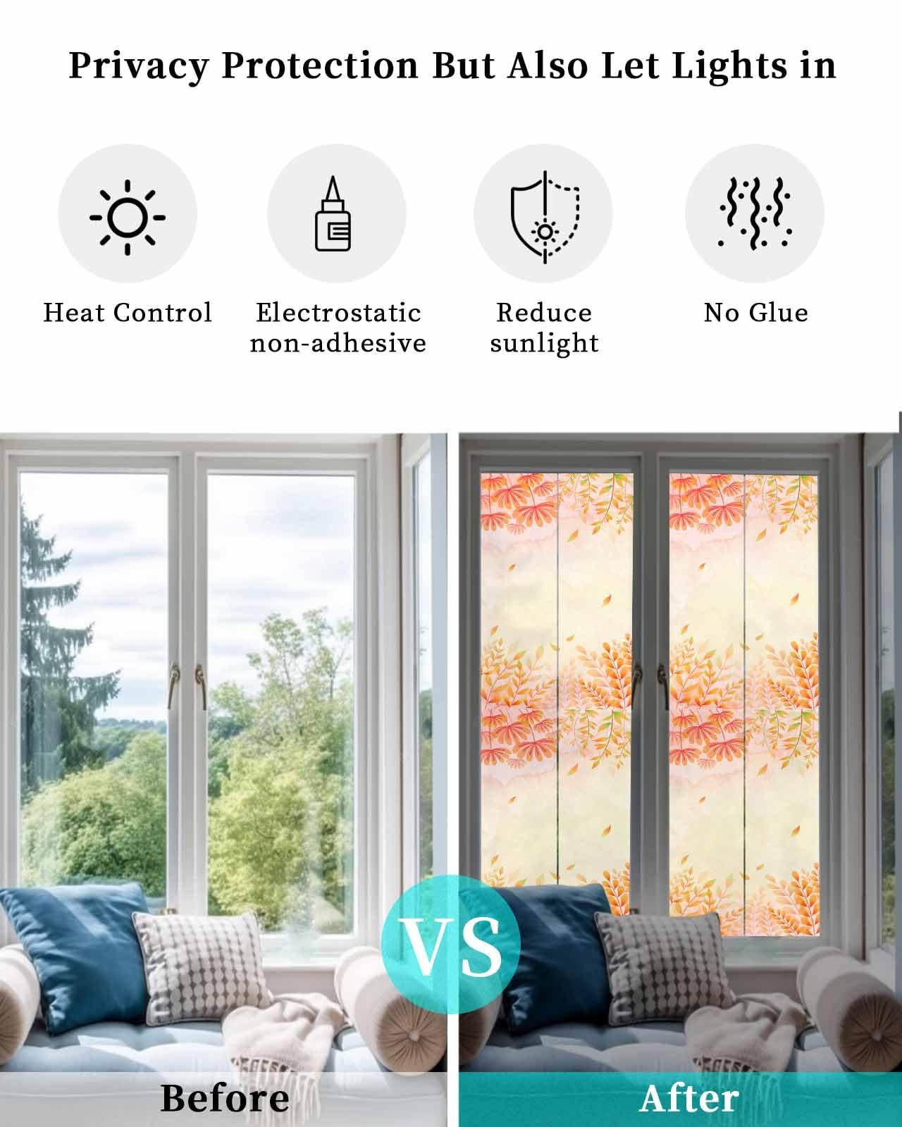 Homechoid Window Privacy Film, Orange Yellow Fall UV Sun Blocking Window Tint Film Heat Control One Way Blackout Window Film, Maple Leaf Botanical Thanksgiving Non Adhesive Static Cling Sticker 23.6x78.7 in