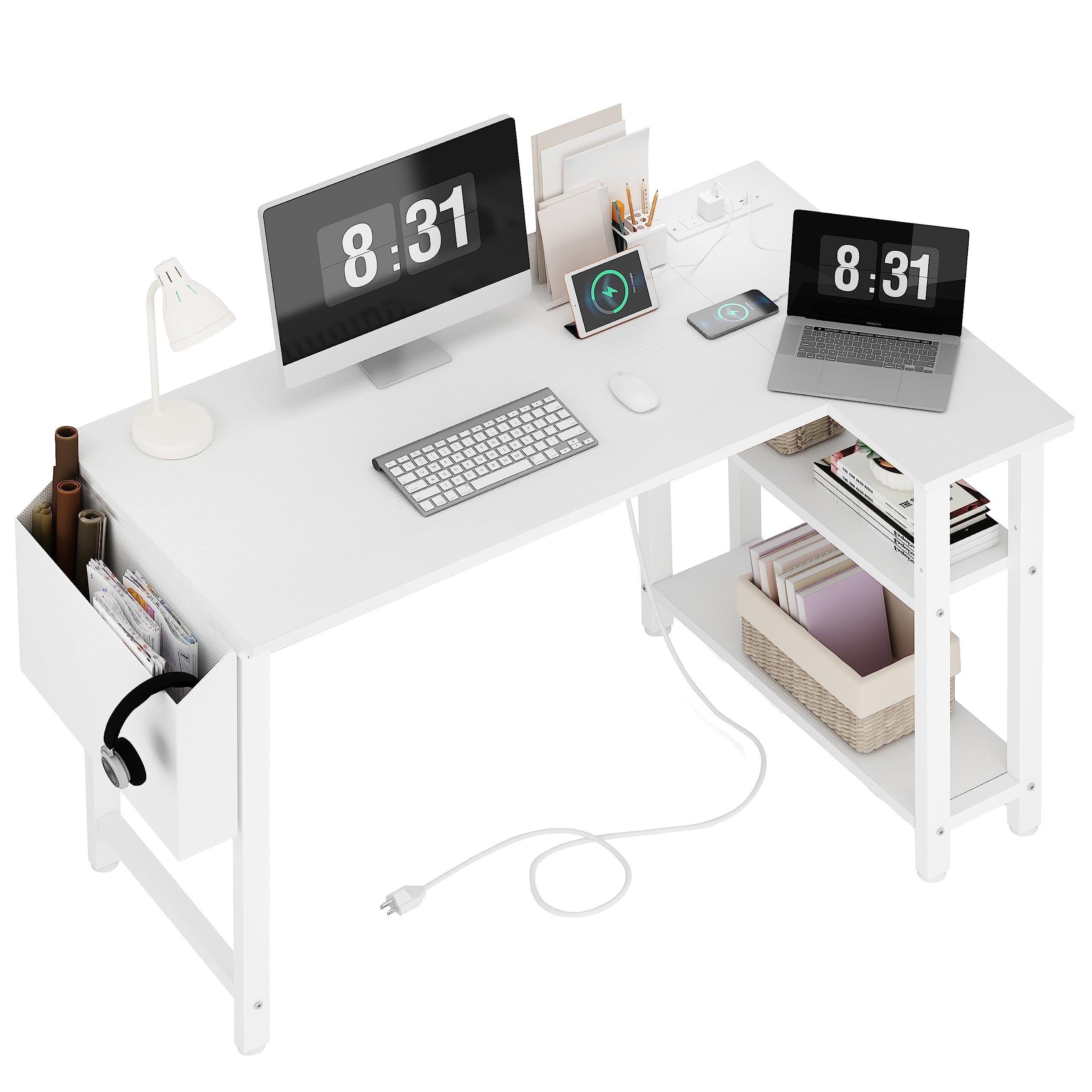 Lufeiya Lufeiya White L Shaped Computer Desk with Power Outlet Shelves, 40 Inch Small Reversible Corner Desk for Small Space Home Office, L-Shaped Desk PC Desks, White