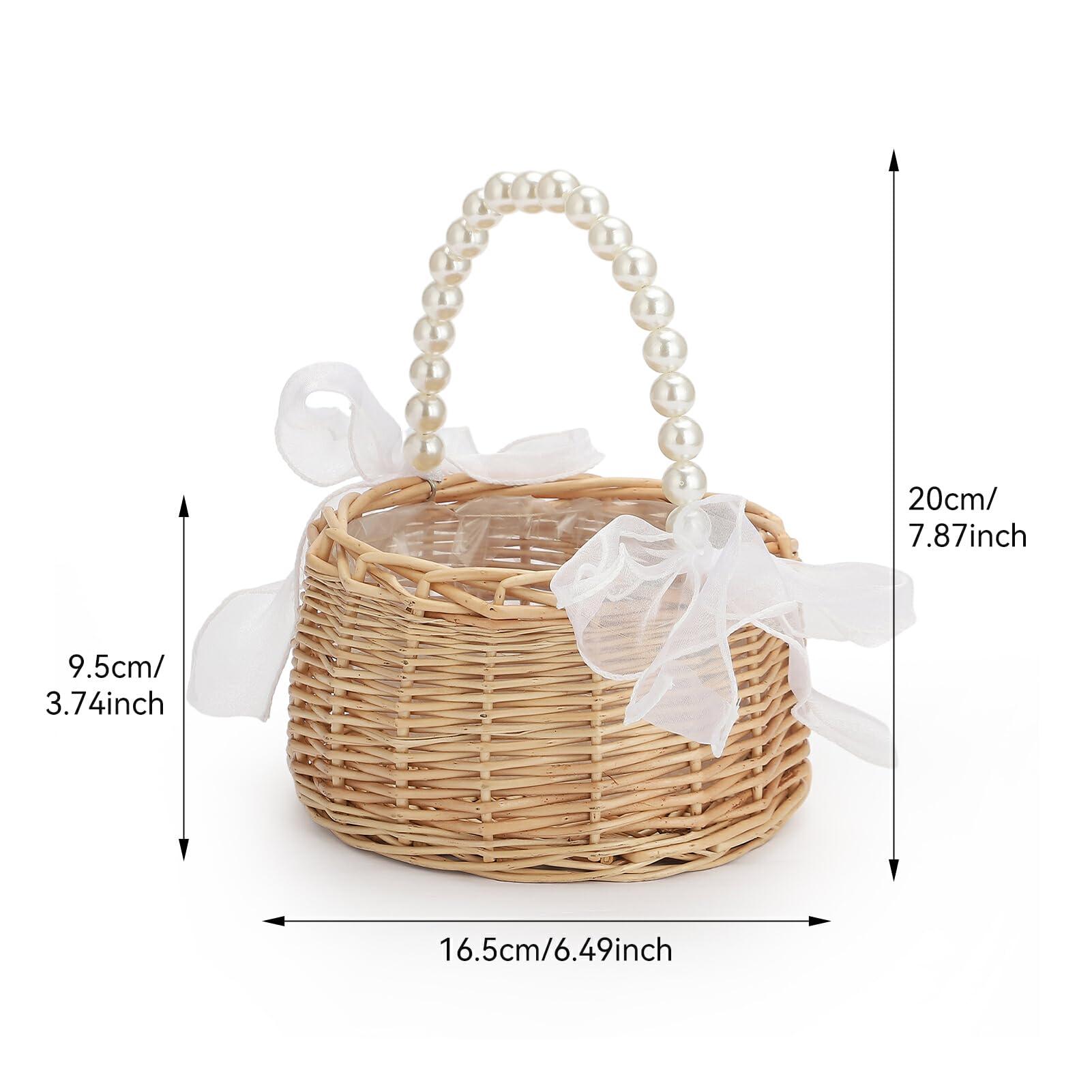 DULRLLY Wicker Rattan Flower Girl Basket Set of 2 Rustic Wedding Flower Girl Basket with Pearl Handle Small Flower Basket for Flower Girl Fairy Wedding Basket Handwoven Easter Baskets for Boys Girls Wedding