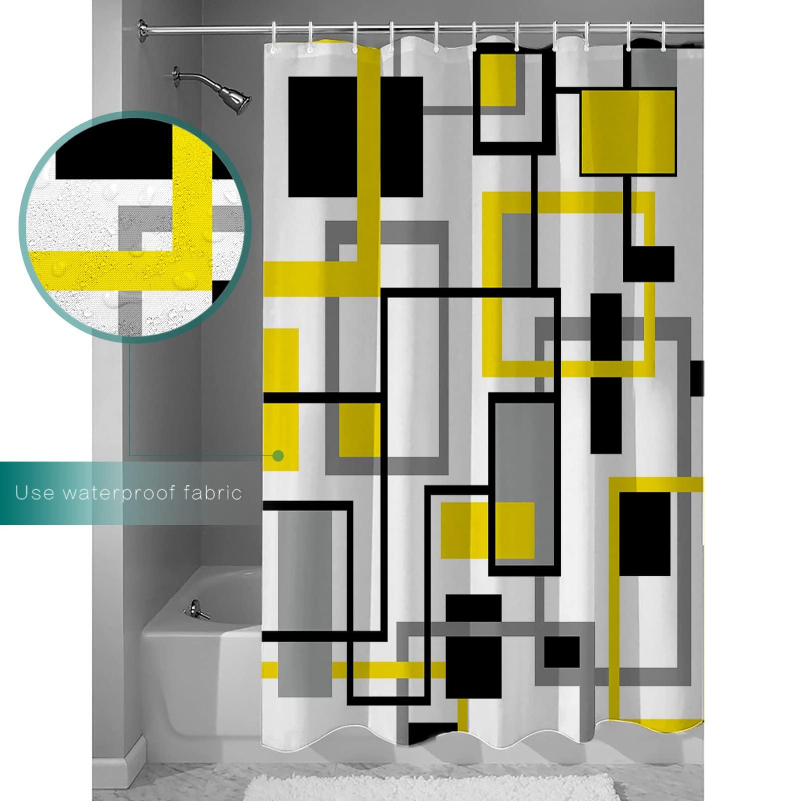 LEOKOTI LEOKOTI Yellow Black Grey Geometric Shower Curtain for Bathroom, Middle Century Modern Abstract Art Waterproof Fabric Bathtub Curtains for Bathroom with 12 Plastic Hooks, 36\" W x 78\" L