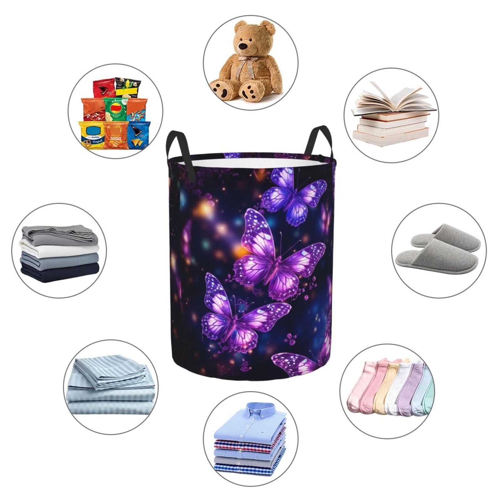 NONHAI Large Laundry Basket purple cute butterfly print Foldable Laundry Hamper Waterproof Collapsible Washing Bin Clothes Bag Freestanding Dirty Clothes Hampers for Laundry, Bedroom, Dorm