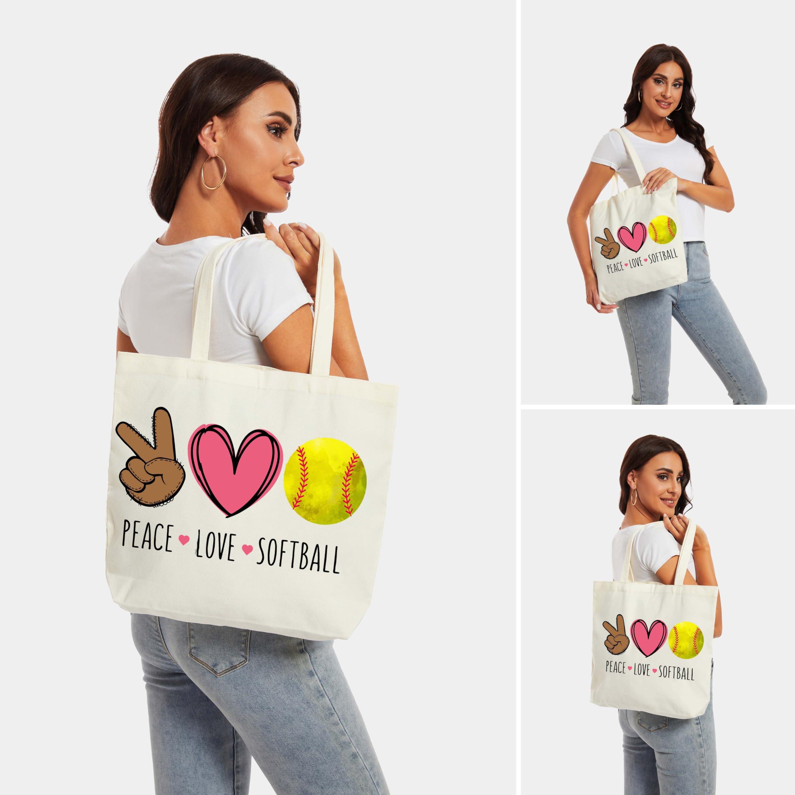 seclate seclate Softball Tote Bag, Peace Love Softball Bags for Women, Reusable Cloth Cotton Bags for Travel Shopping Beach, Sports Lover Birthday Gifts - J01