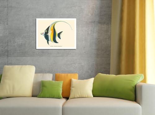 Pacifica Island Art Kihikihi (Zanclus Cornutus) - Moorish Idol - from Fishes of Hawaii - Vintage Hawaiian Color Postcard c.1905 - Fine Art Rolled Canvas Print (Unframed) 16in x 20in