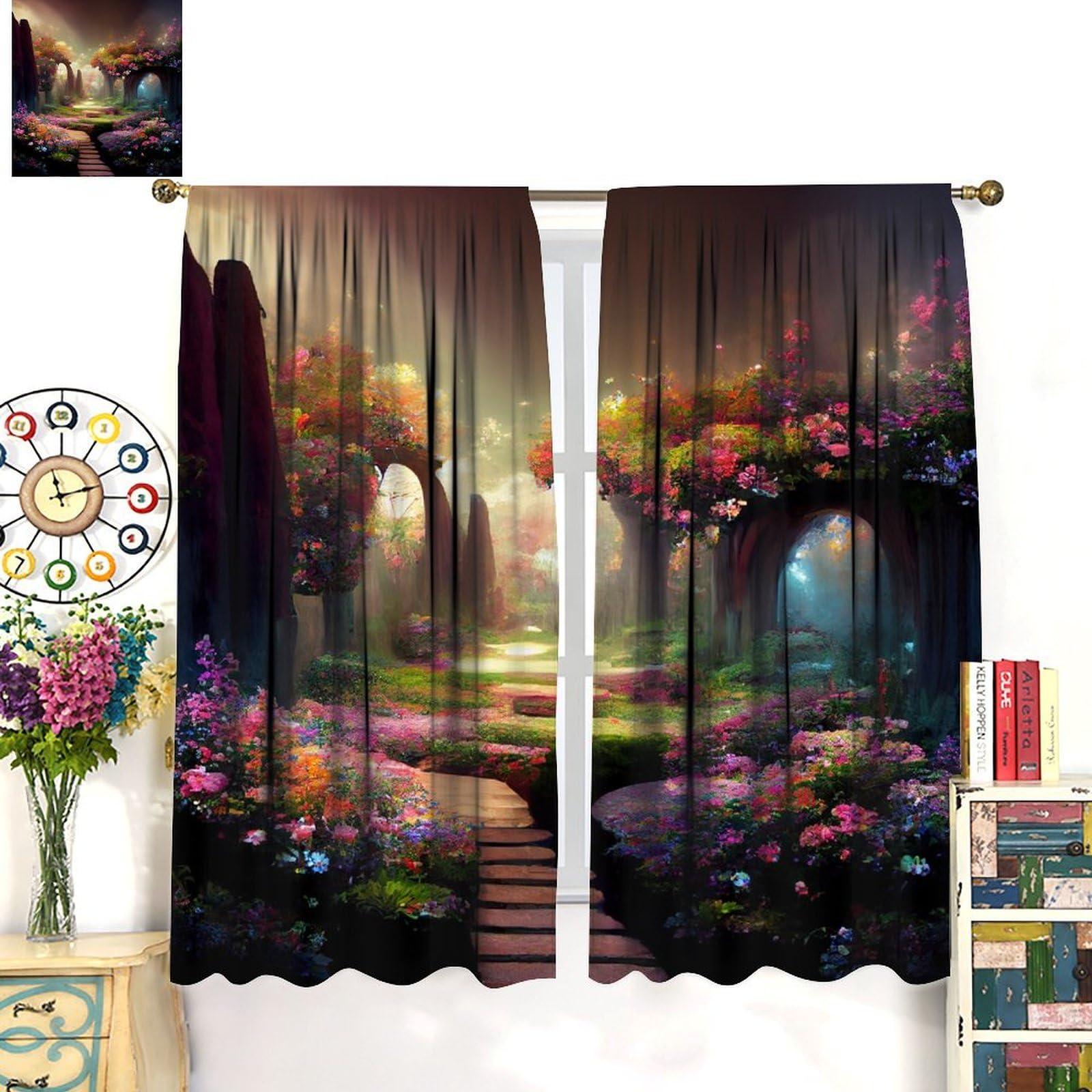 DDCBNS DDCBNS Magical Garden Windows Curtains,Fantasy Forest Window Treatments for Bedroom Living Room Dreamland Nature Landscape Flowers Trees Drapes 2 Panels Set,Total Size 84 x 84 Inch